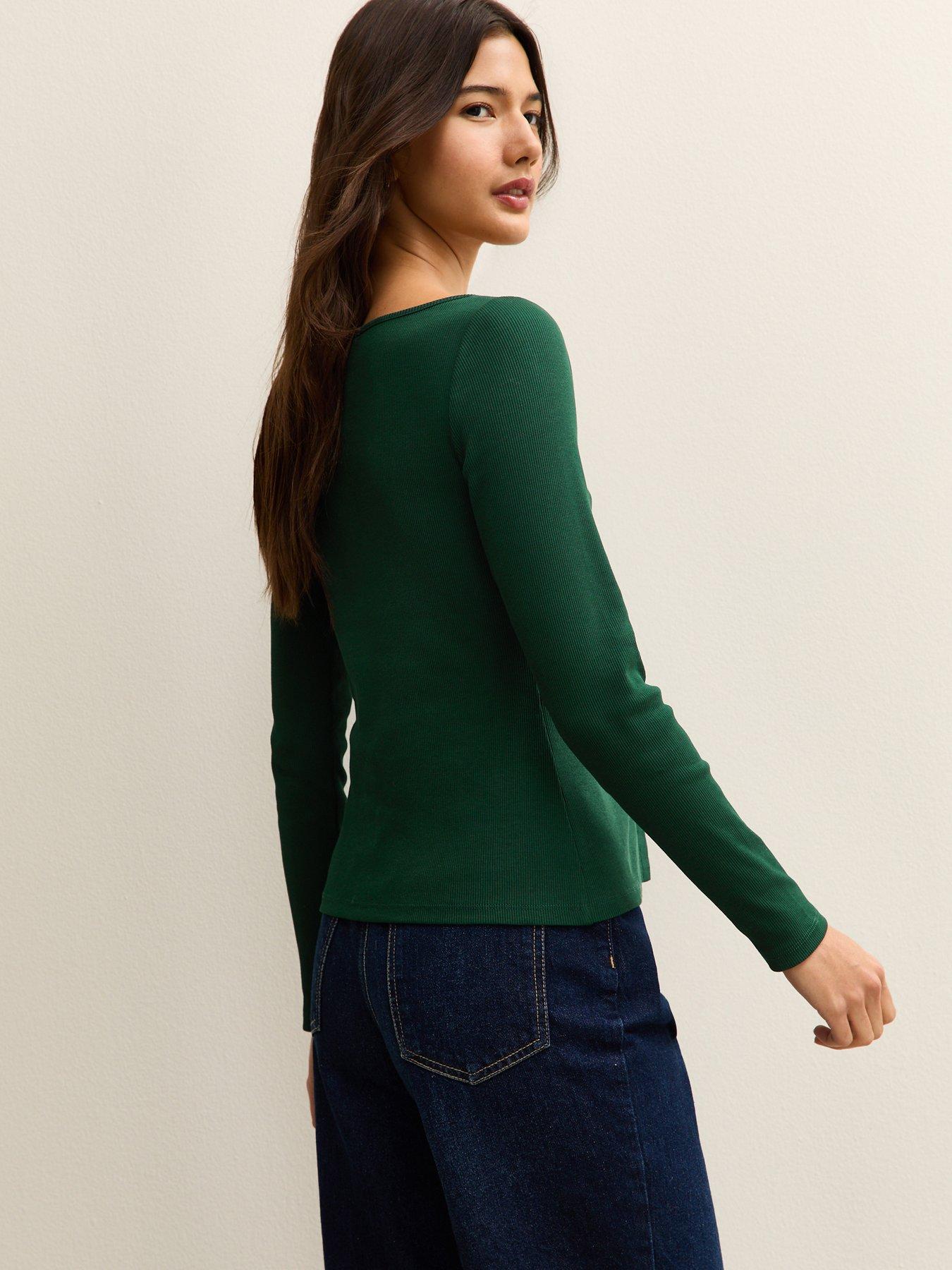  image of new-look-ribbed-button-through-long-sleeve-top-green