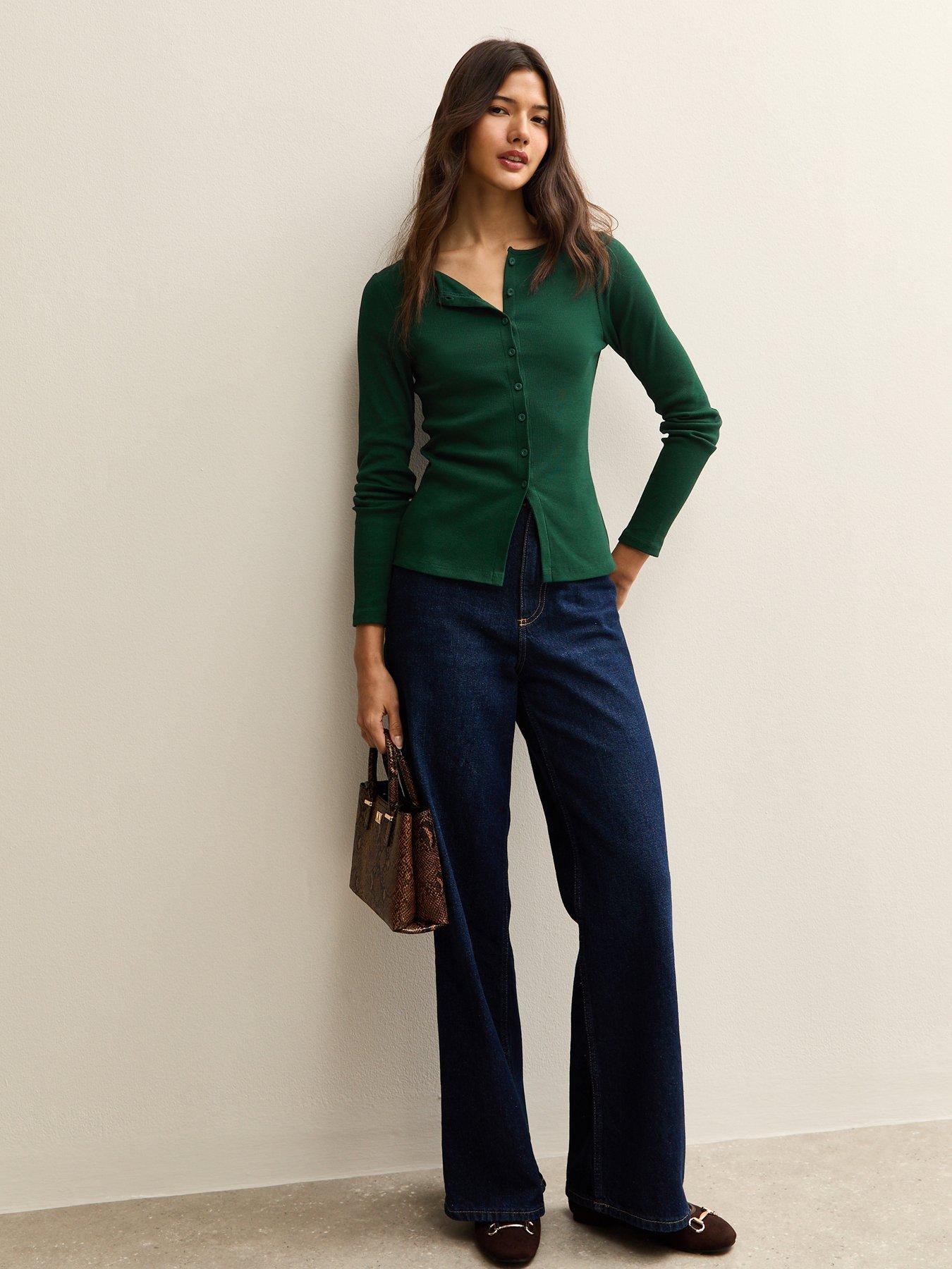  image of new-look-ribbed-button-through-long-sleeve-top-green