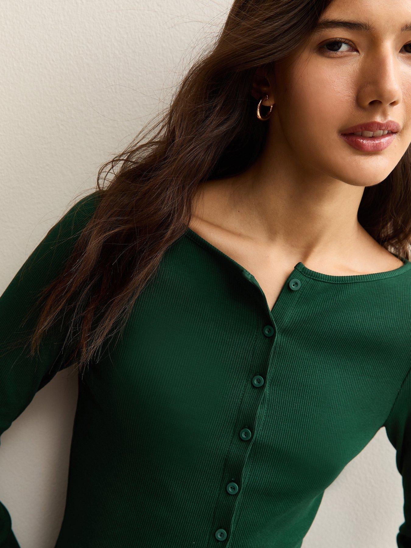  image of new-look-ribbed-button-through-long-sleeve-top-green