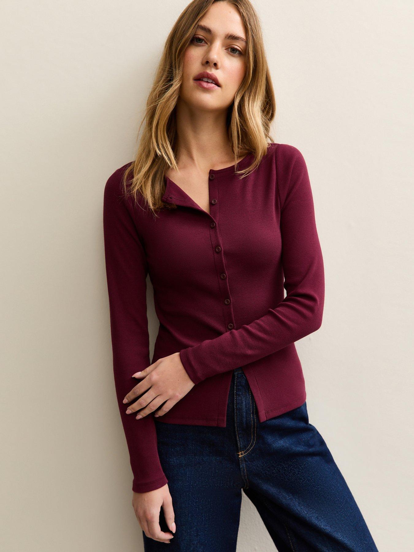 New Look Dark Burgundy Rib Button Up Long Sleeve Top