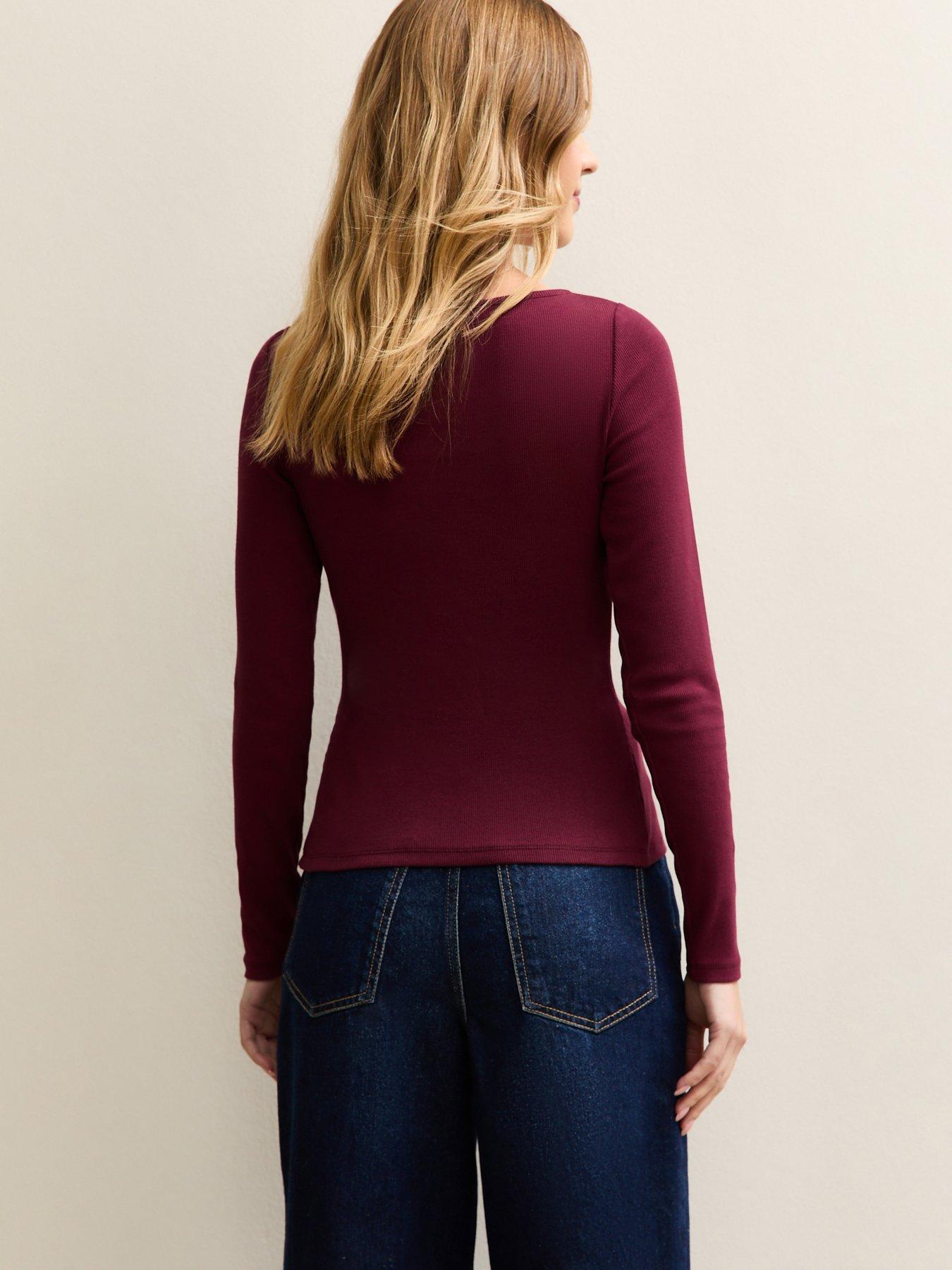  image of new-look-dark-burgundy-rib-button-up-long-sleeve-top-red