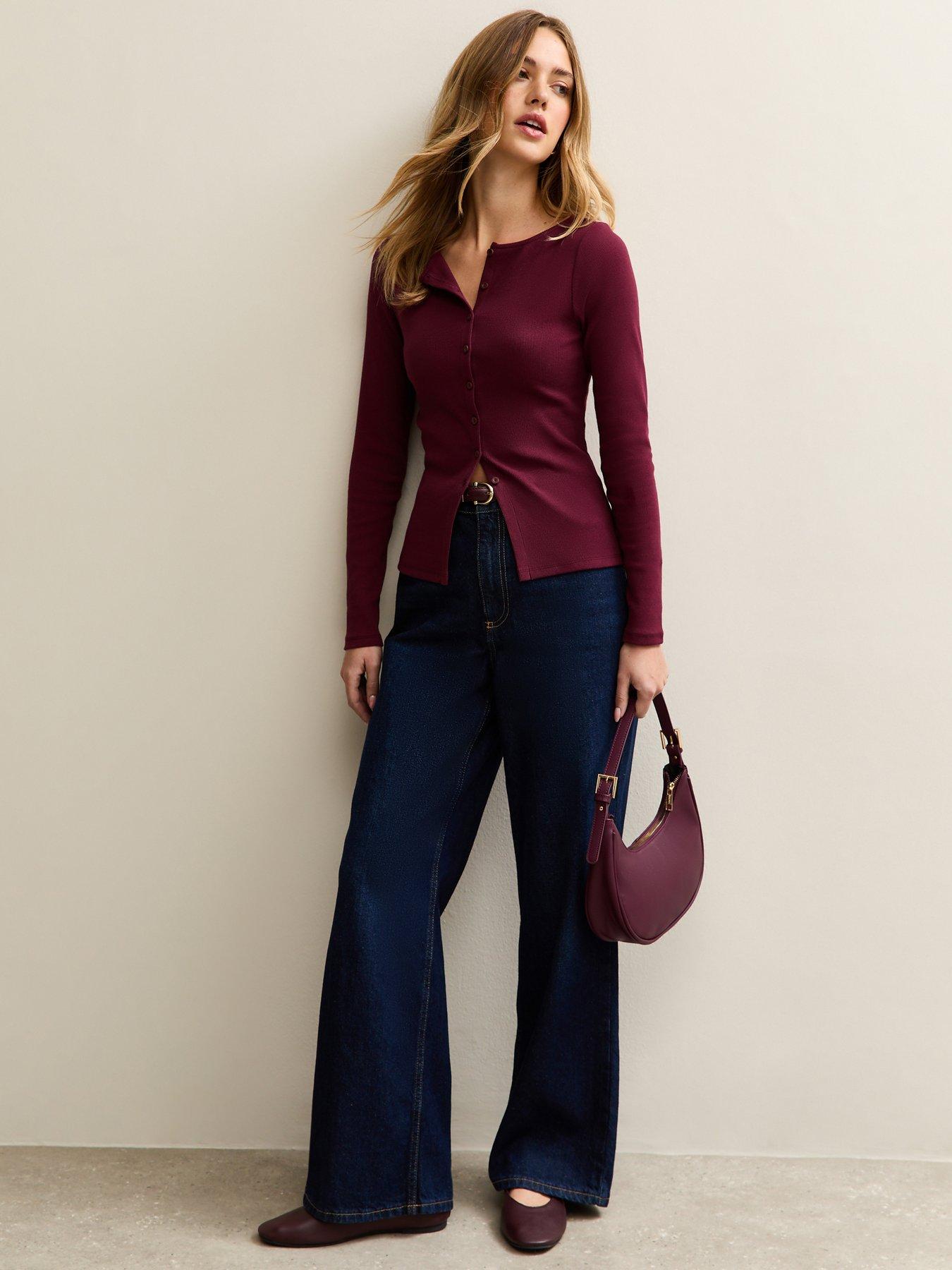  image of new-look-dark-burgundy-rib-button-up-long-sleeve-top-red