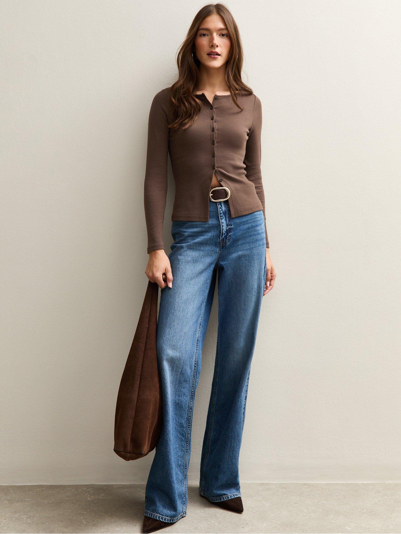 Image 3 of 6 of New Look Rib Button Up Long Sleeve Top - Dark Brown