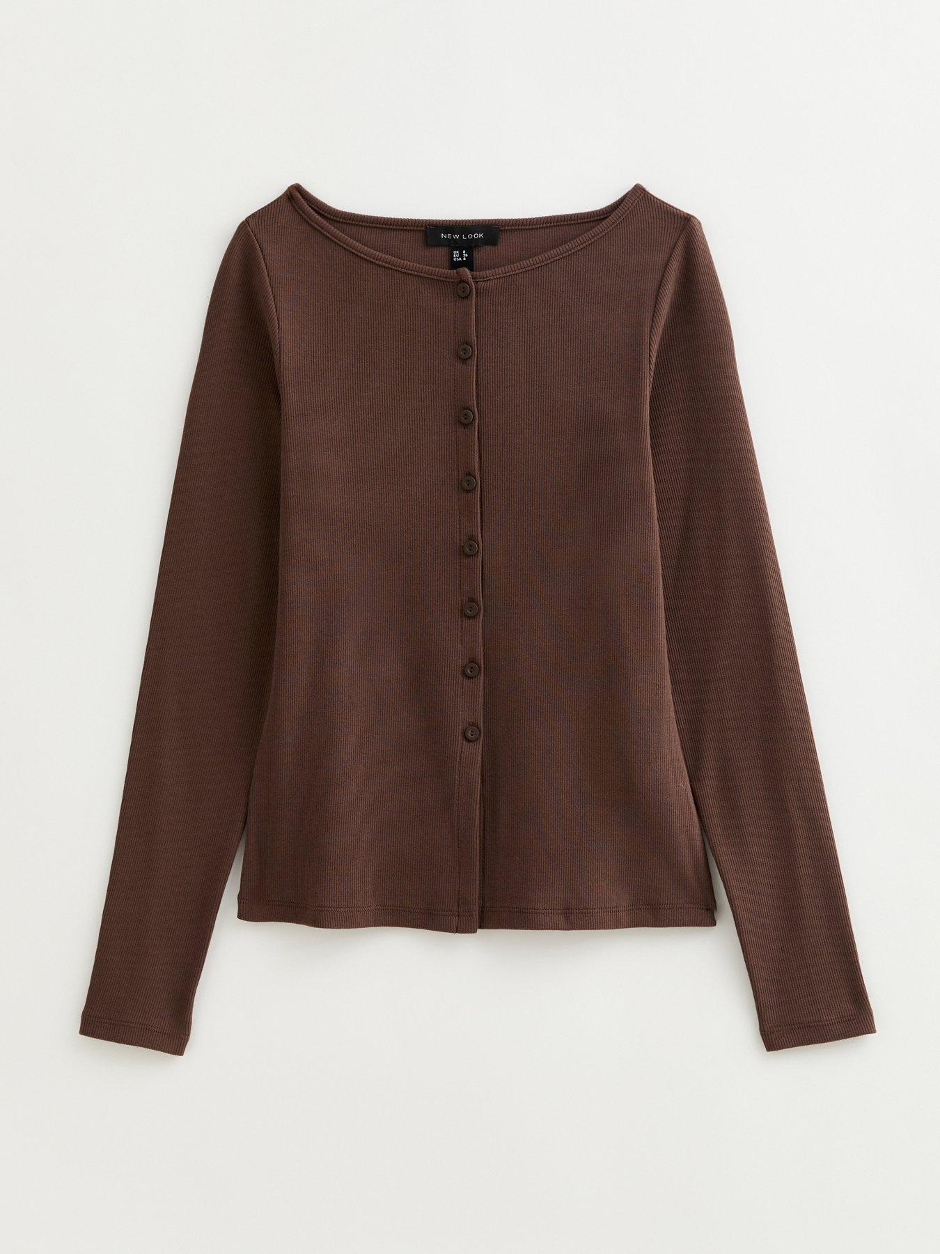  image of new-look-dark-brown-rib-button-up-long-sleeve-top