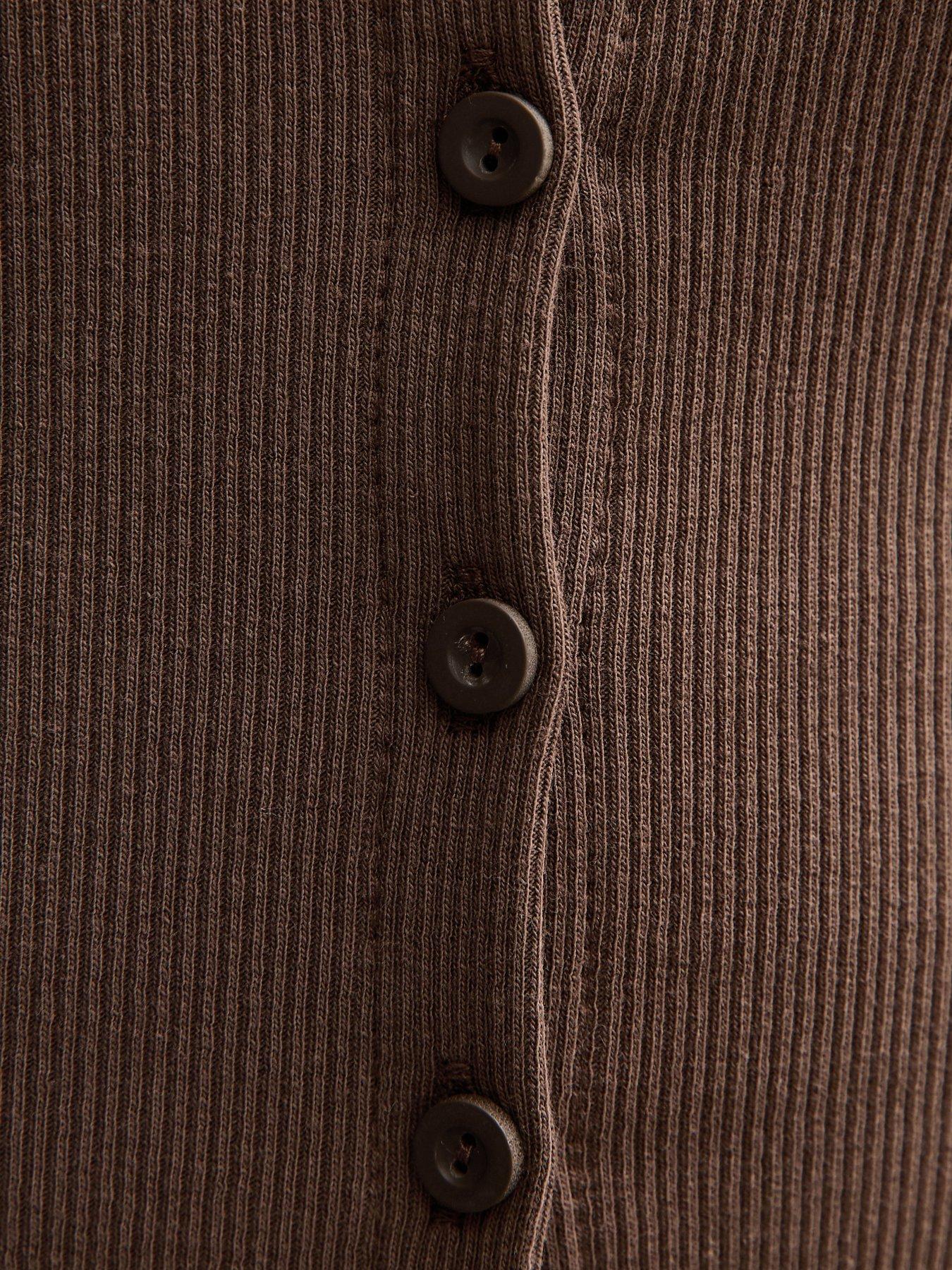 Image 6 of 6 of New Look Rib Button Up Long Sleeve Top - Dark Brown