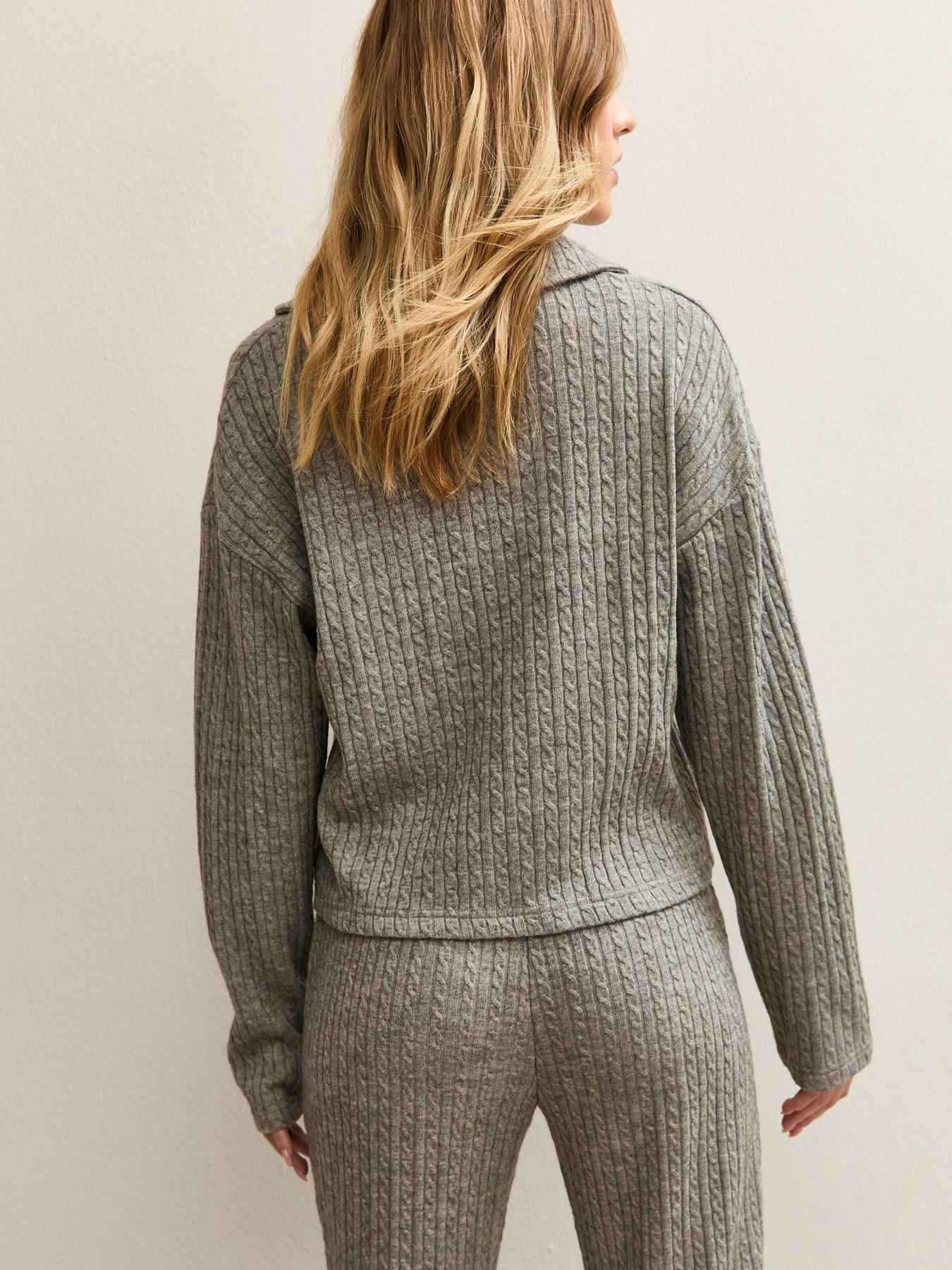  image of new-look-mid-grey-soft-touch-cable-knit-polo-top