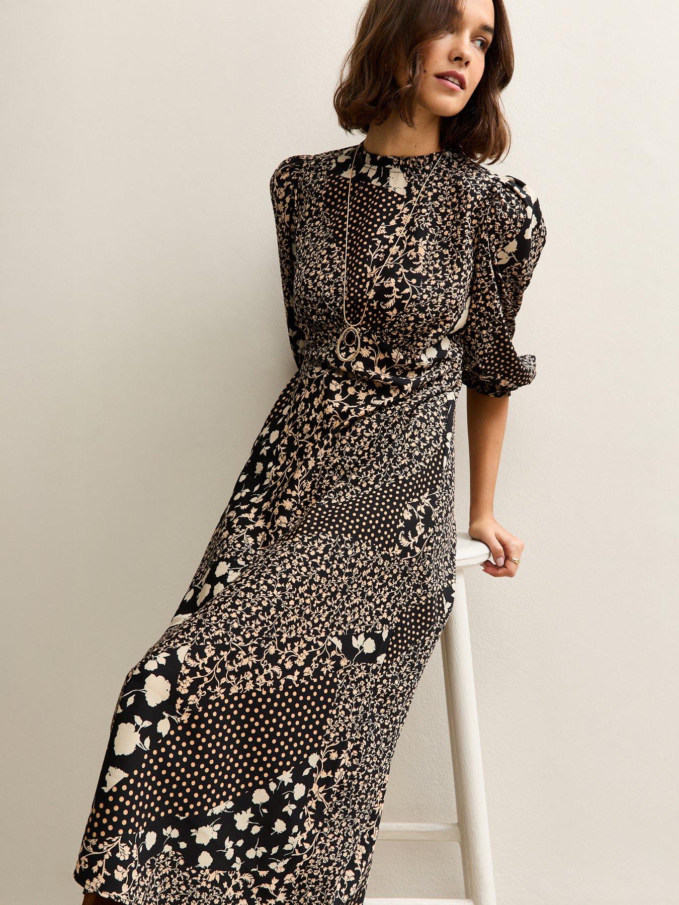 New Look Black Floral Patchwork Print Puff Sleeve Midi Dress | Littlewoods