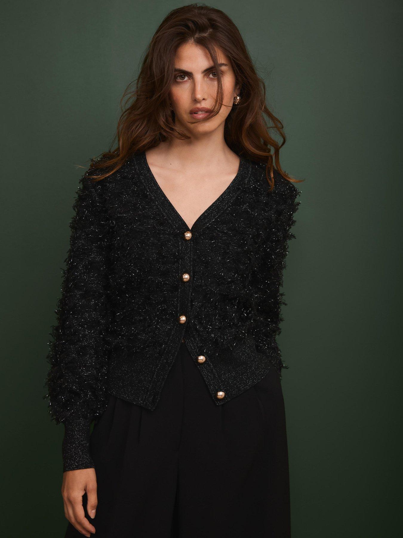 Mint Velvet Textured V Neck Cardigan - Black