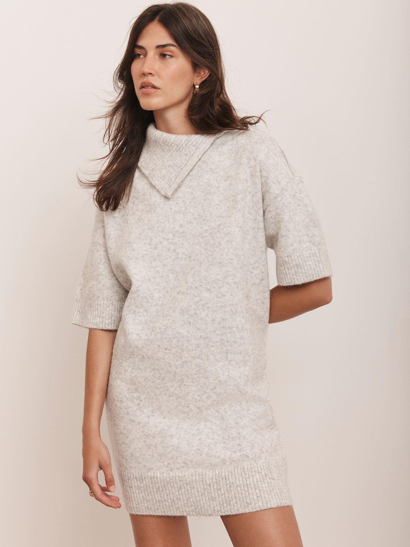 Mint Velvet Zip Neck Knit Mini Dress - Grey