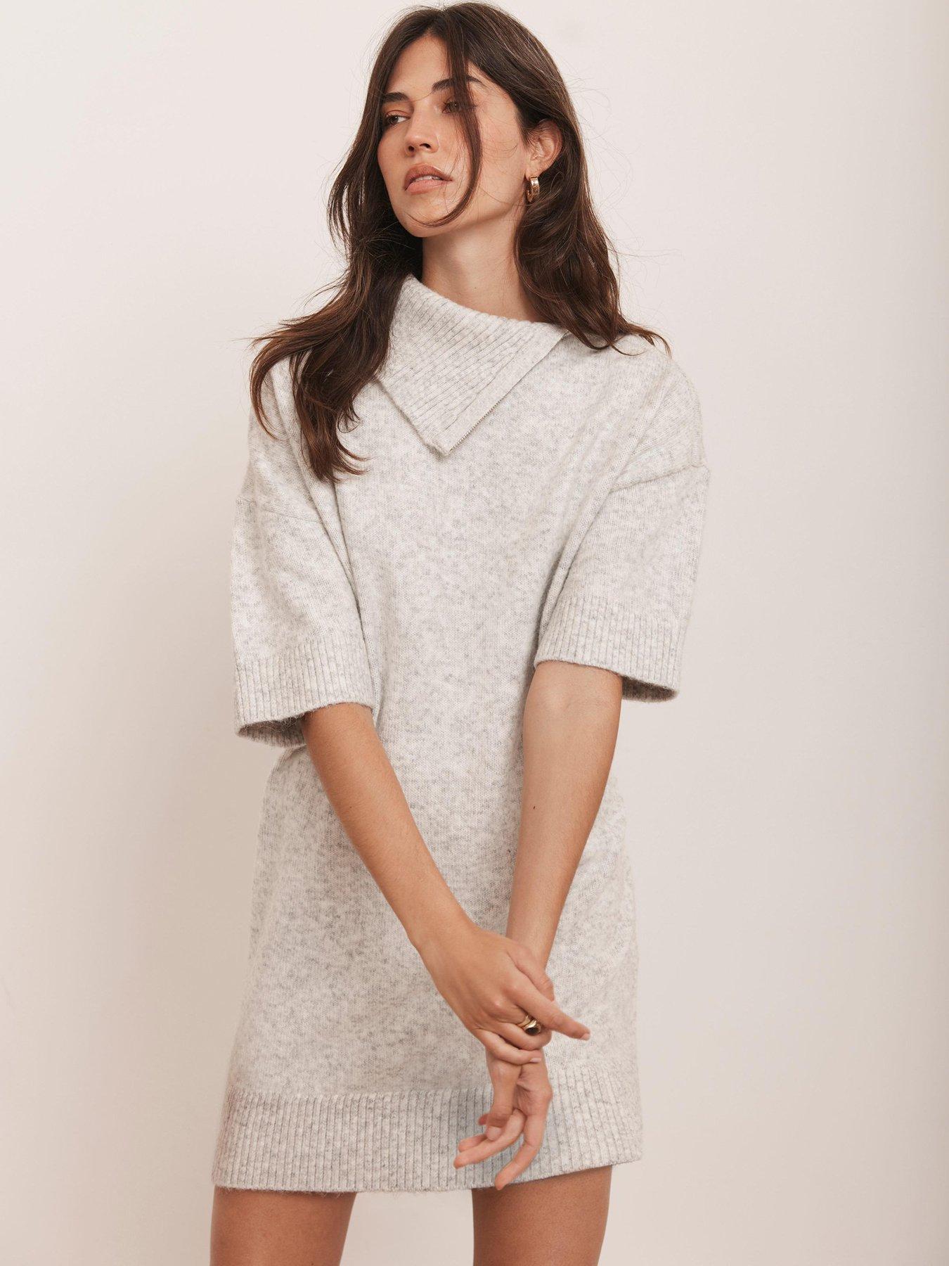 Image 2 of 6 of Mint Velvet Zip Neck Knit Mini Dress - Grey