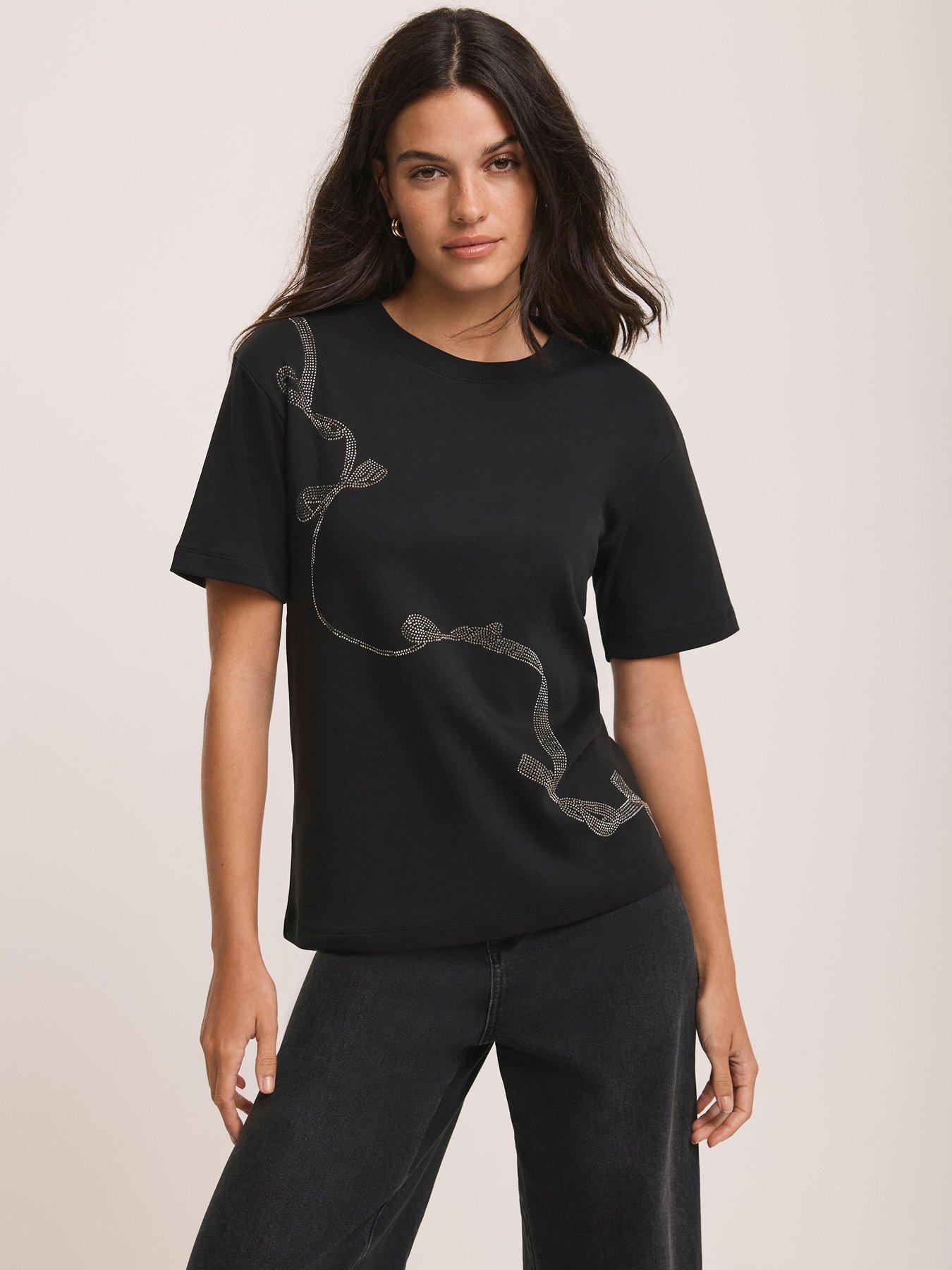 Mint Velvet Embellished Ribbon Detail T-Shirt - Black