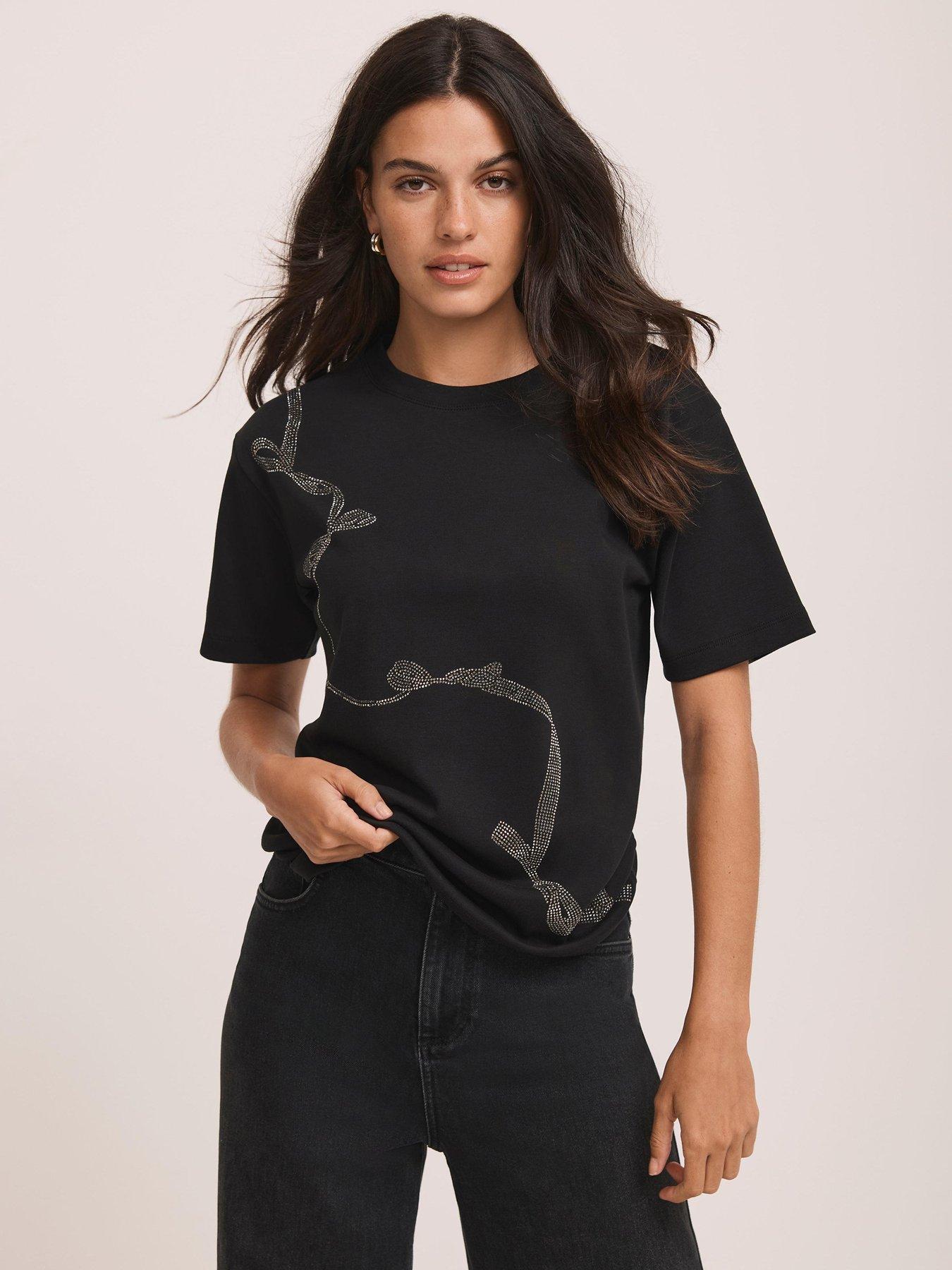 Image 2 of 6 of Mint Velvet Embellished Ribbon Detail T-Shirt - Black