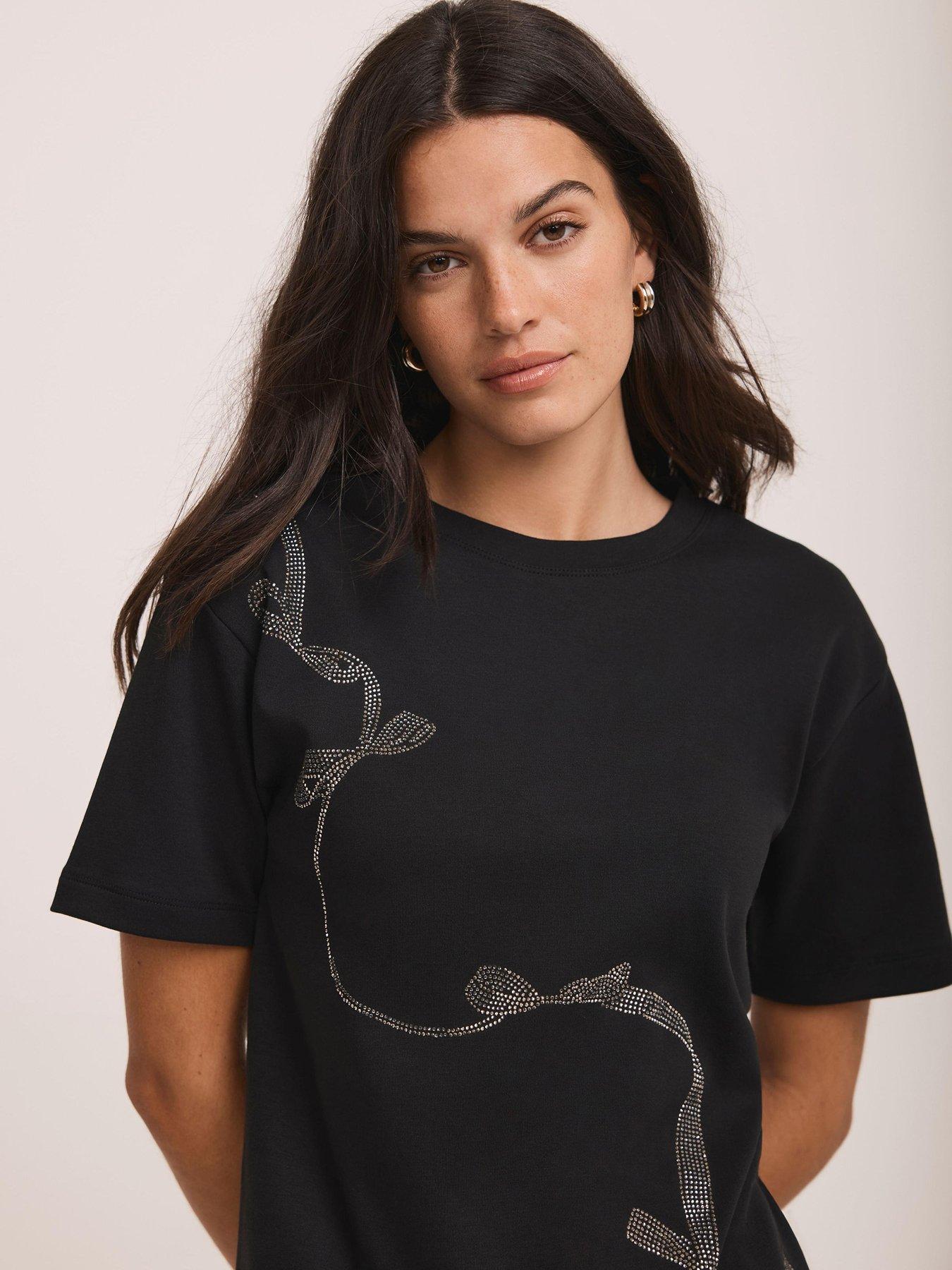 Image 3 of 6 of Mint Velvet Embellished Ribbon Detail T-Shirt - Black