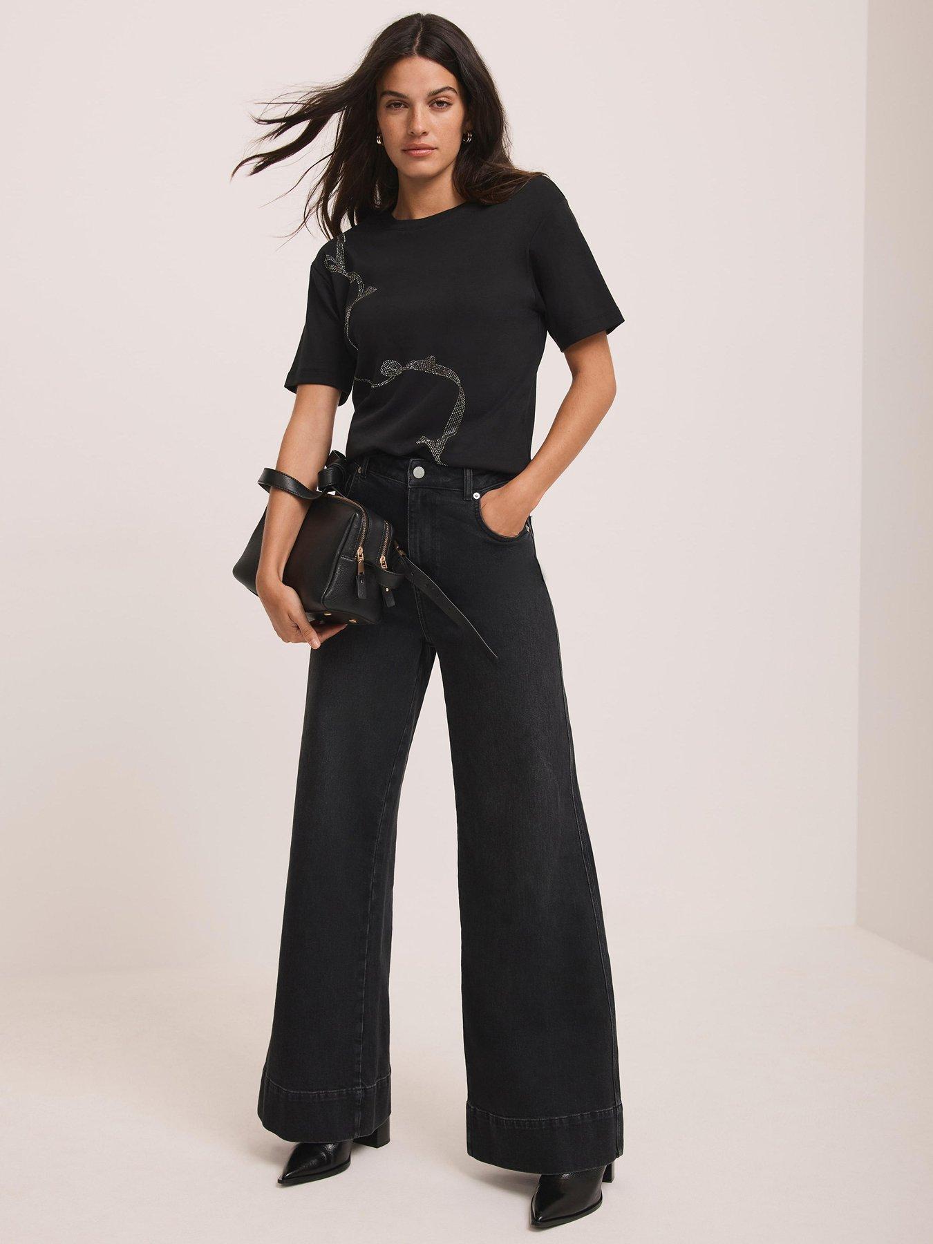 Image 4 of 6 of Mint Velvet Embellished Ribbon Detail T-Shirt - Black