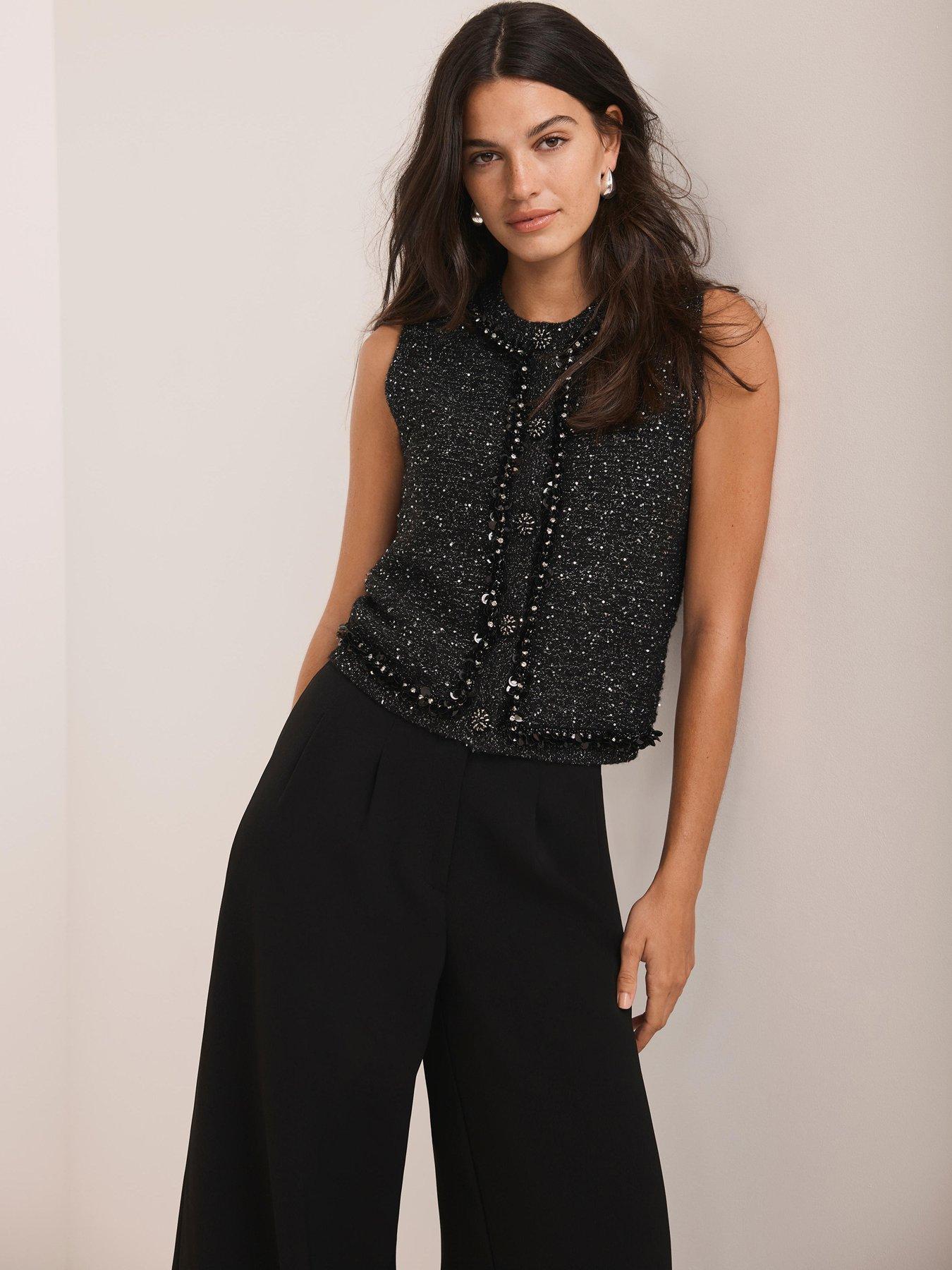  image of mint-velvet-bead-trim-sleeveless-top-black