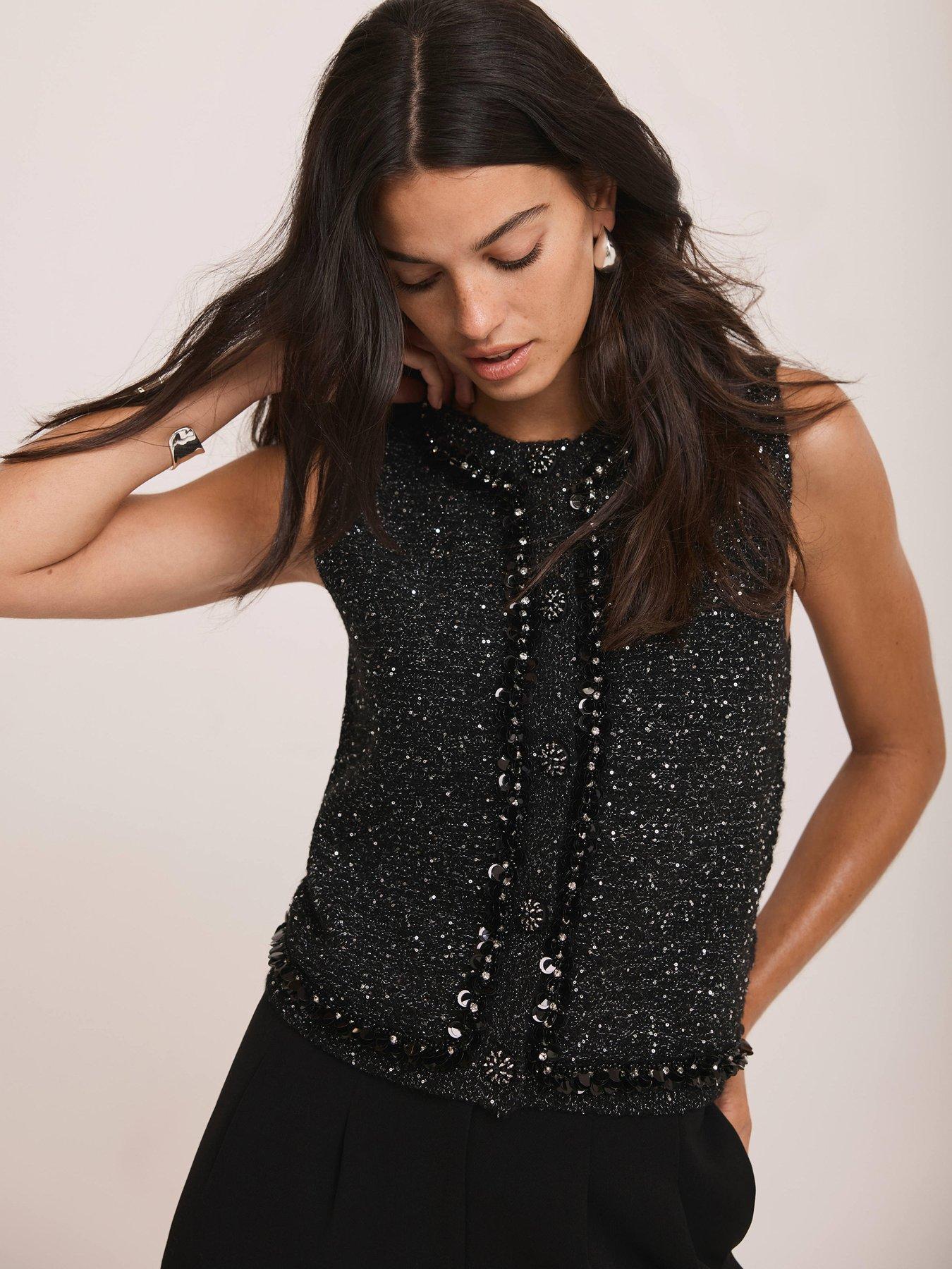  image of mint-velvet-bead-trim-sleeveless-top-black