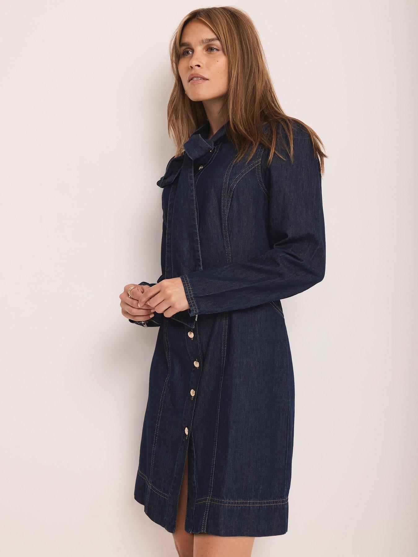 Mint Velvet Denim Pussy Bow Mini Dress - Blue