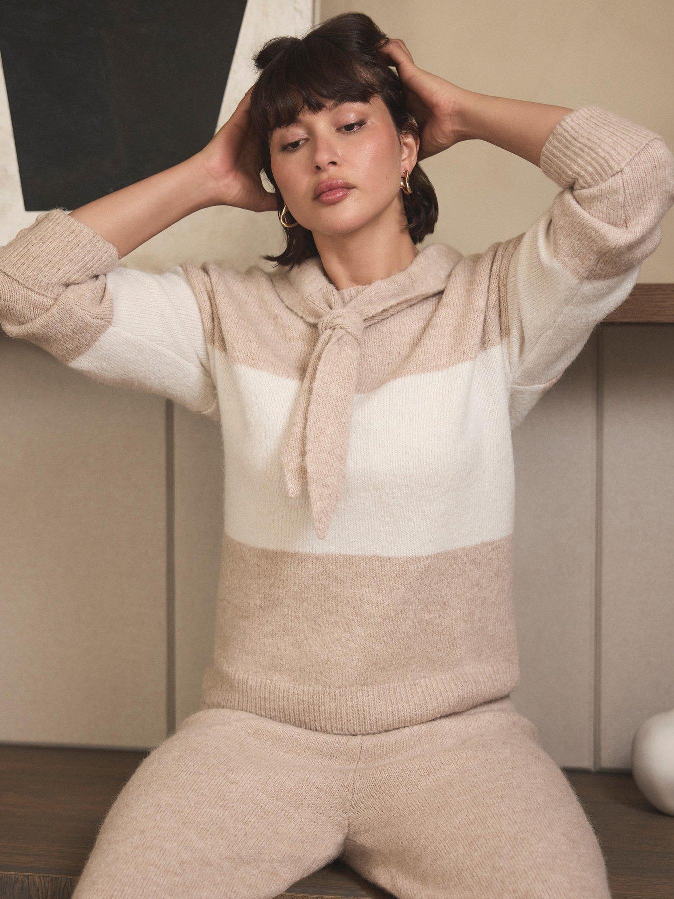  image of mint-velvet-neutral-stripe-scarf-hoodie-cream