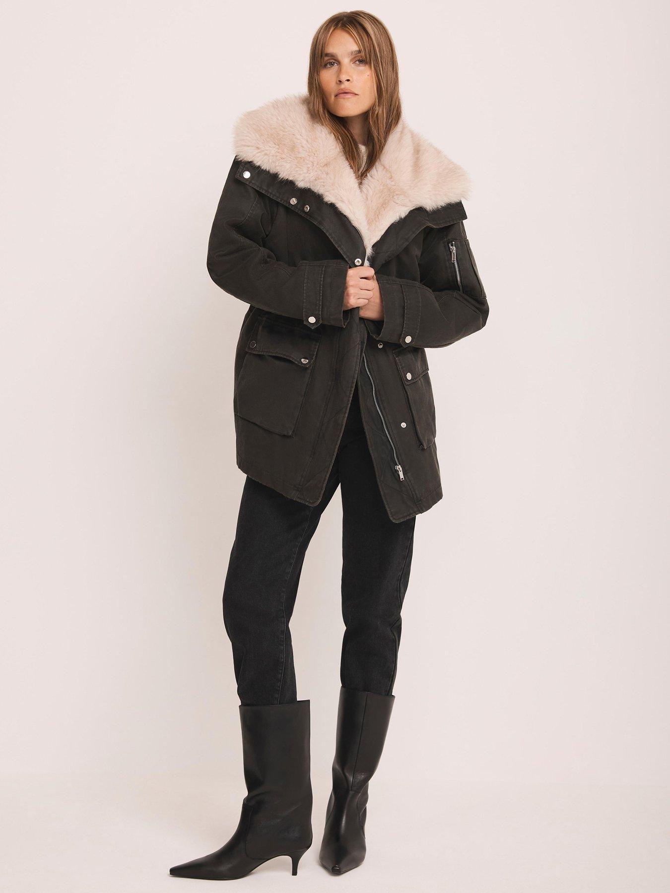Mint Velvet Khaki Wax Faux Fur Parka