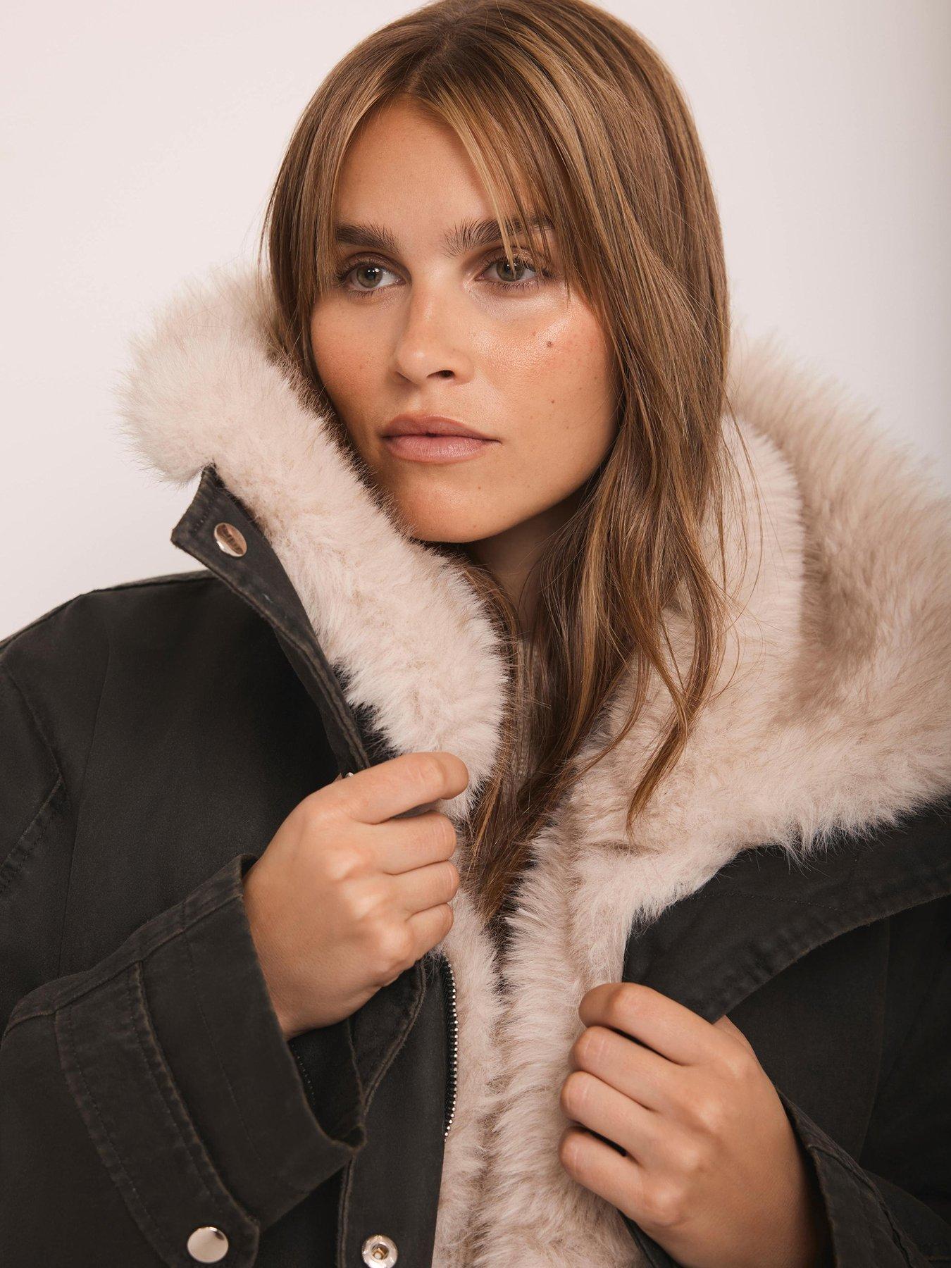  image of mint-velvet-khaki-wax-faux-fur-parka