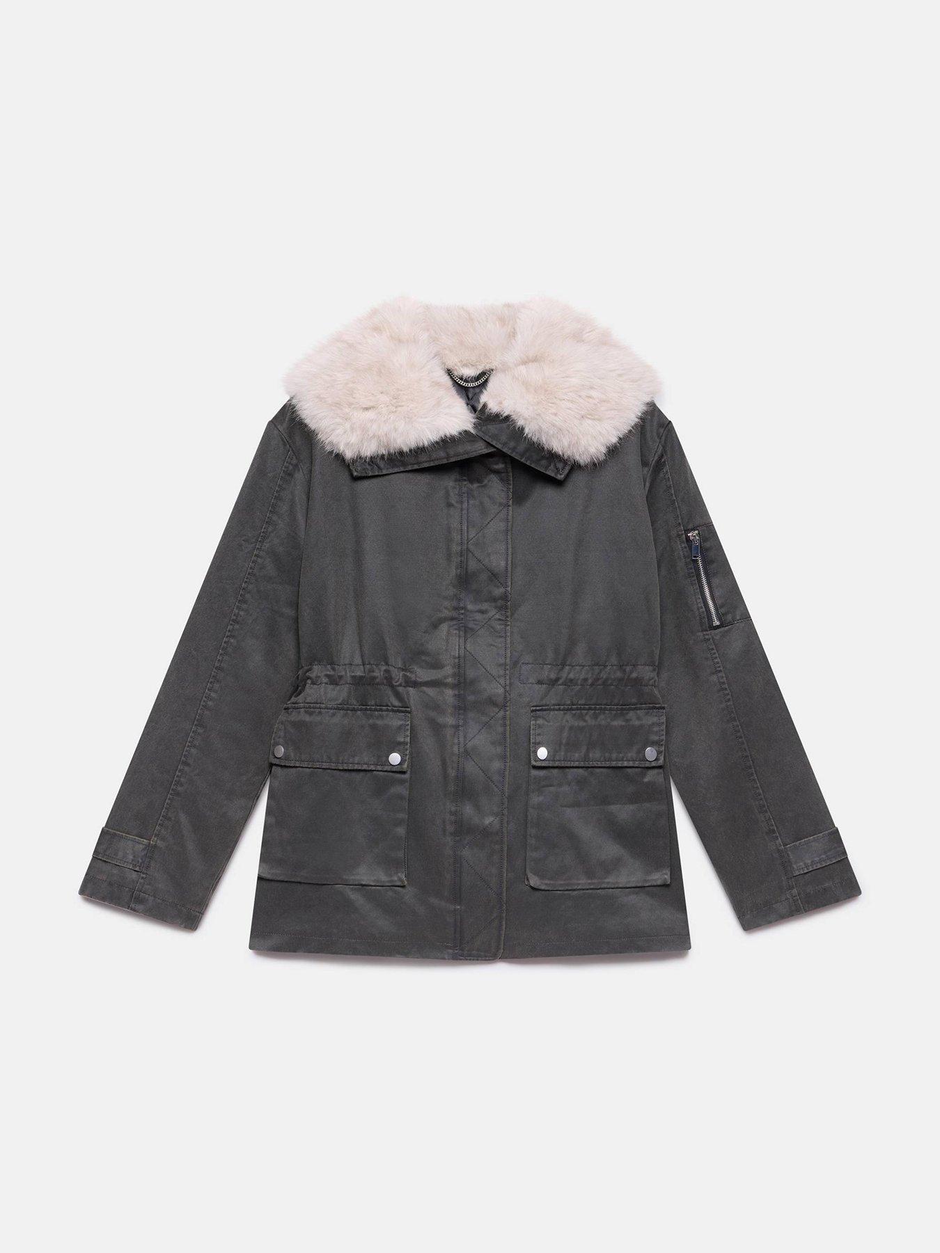  image of mint-velvet-khaki-wax-faux-fur-parka