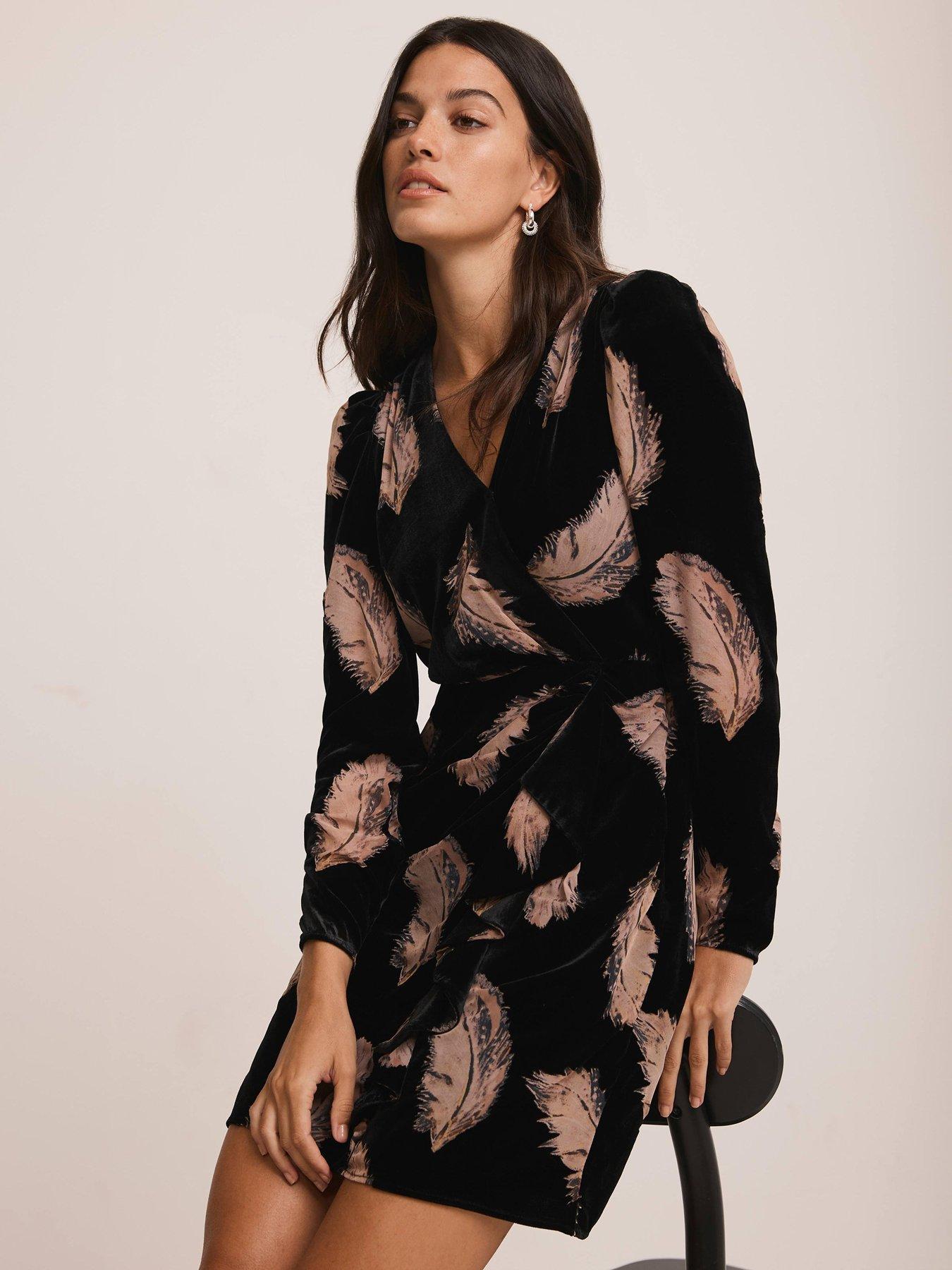  image of mint-velvet-feather-print-dress-black