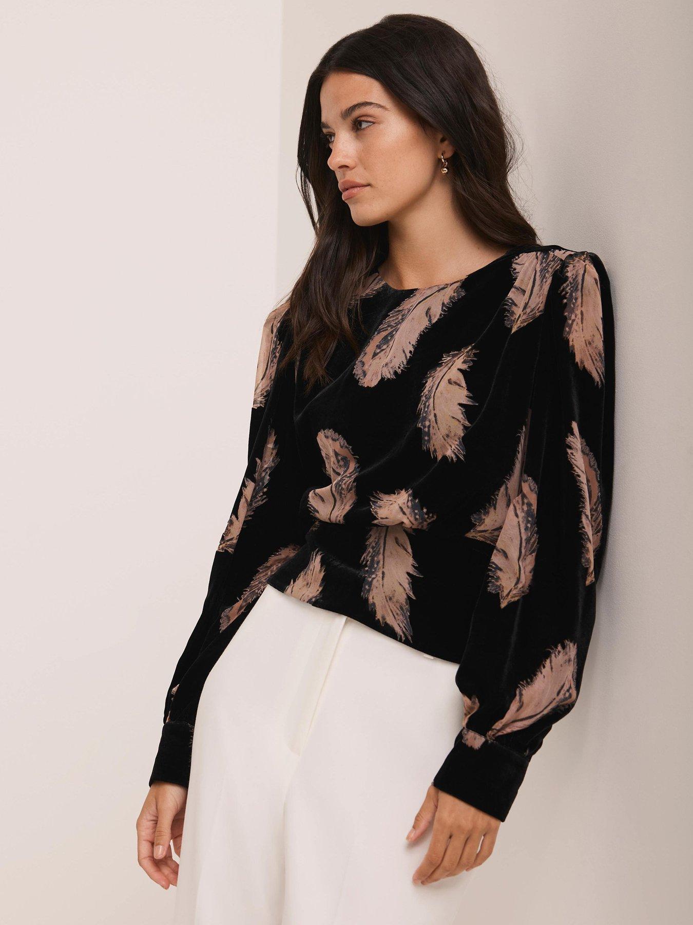 Mint Velvet Feather Print Top - Black