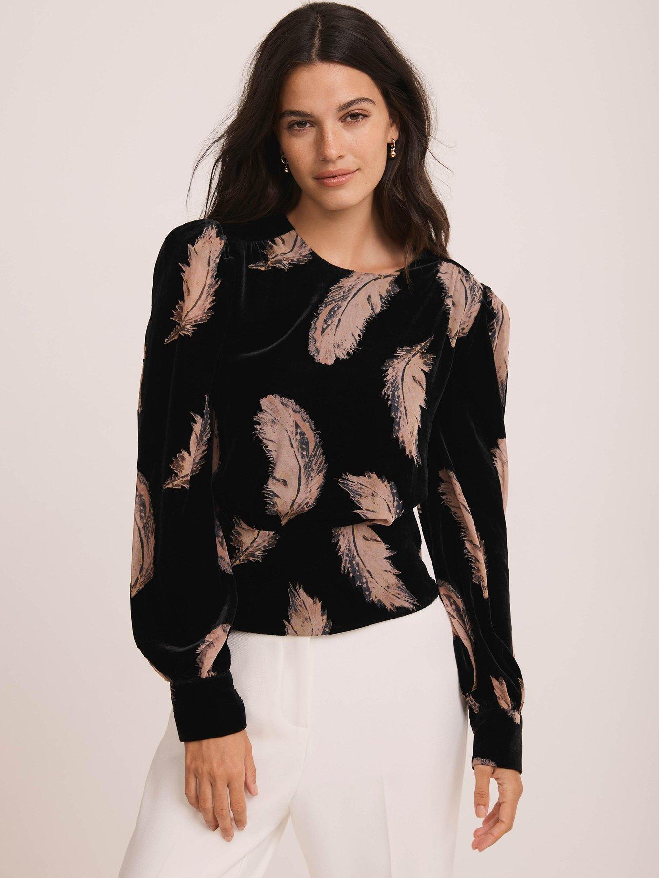  image of mint-velvet-feather-print-top-black