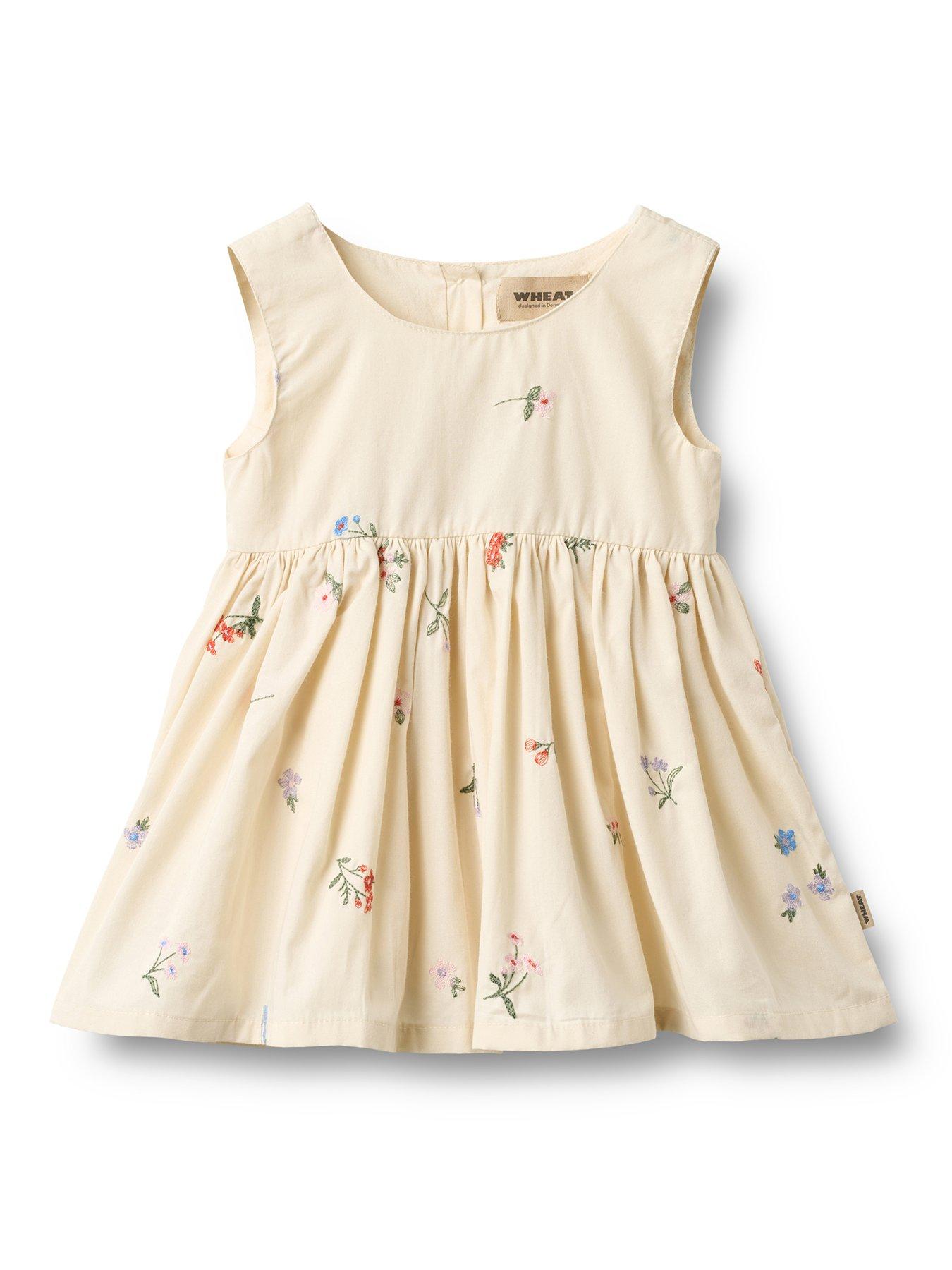Wheat Baby Girls Sibling Floral Embroidered Dress - Cream