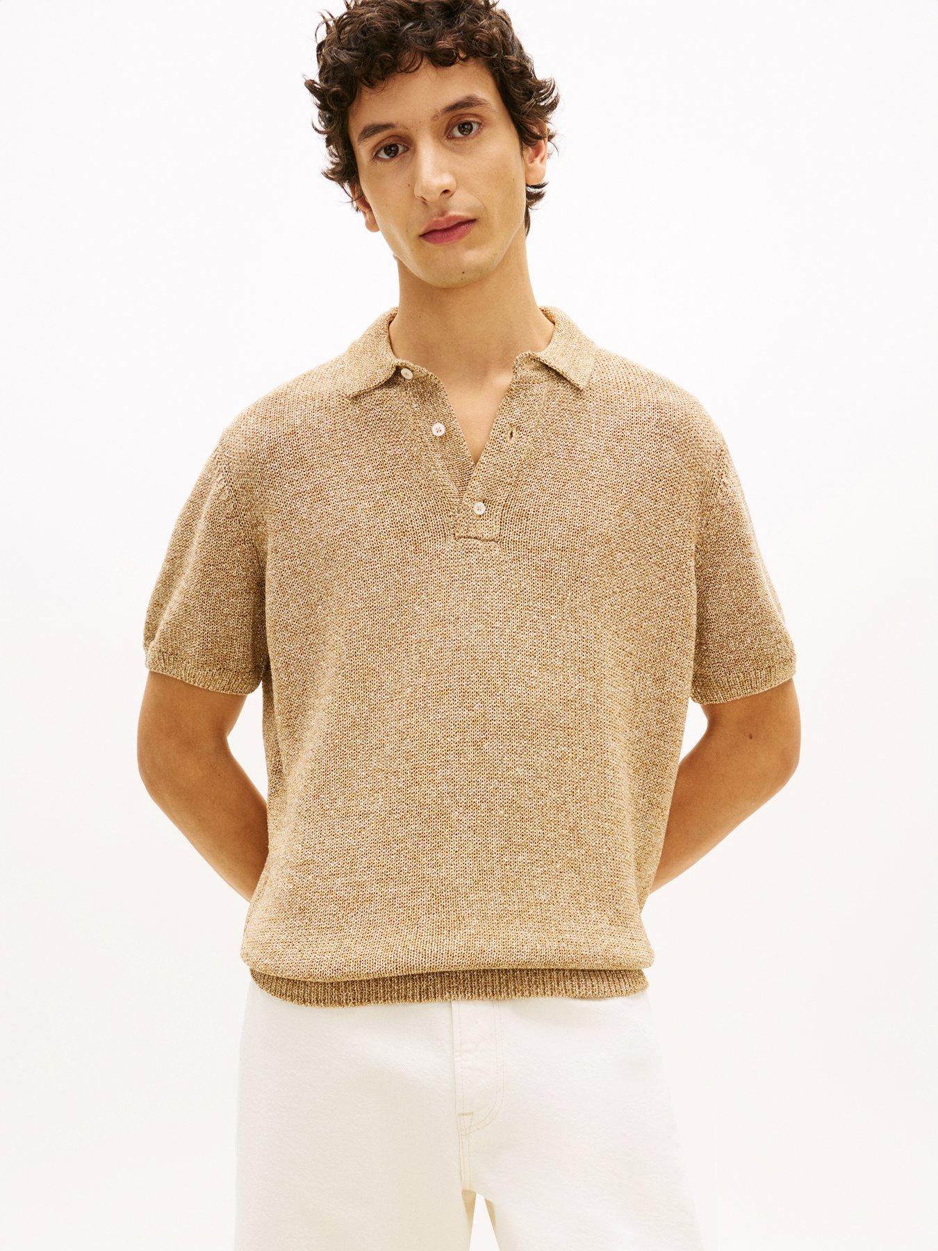 Tommy Hilfiger Open Collar Mouline Short Sleeve Polo Shirt - Beige