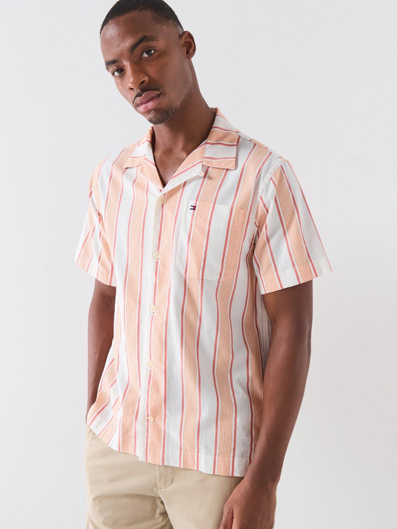 Tommy Hilfiger Open Collar Pastel Stripe Short Sleeve Shirt - Orange