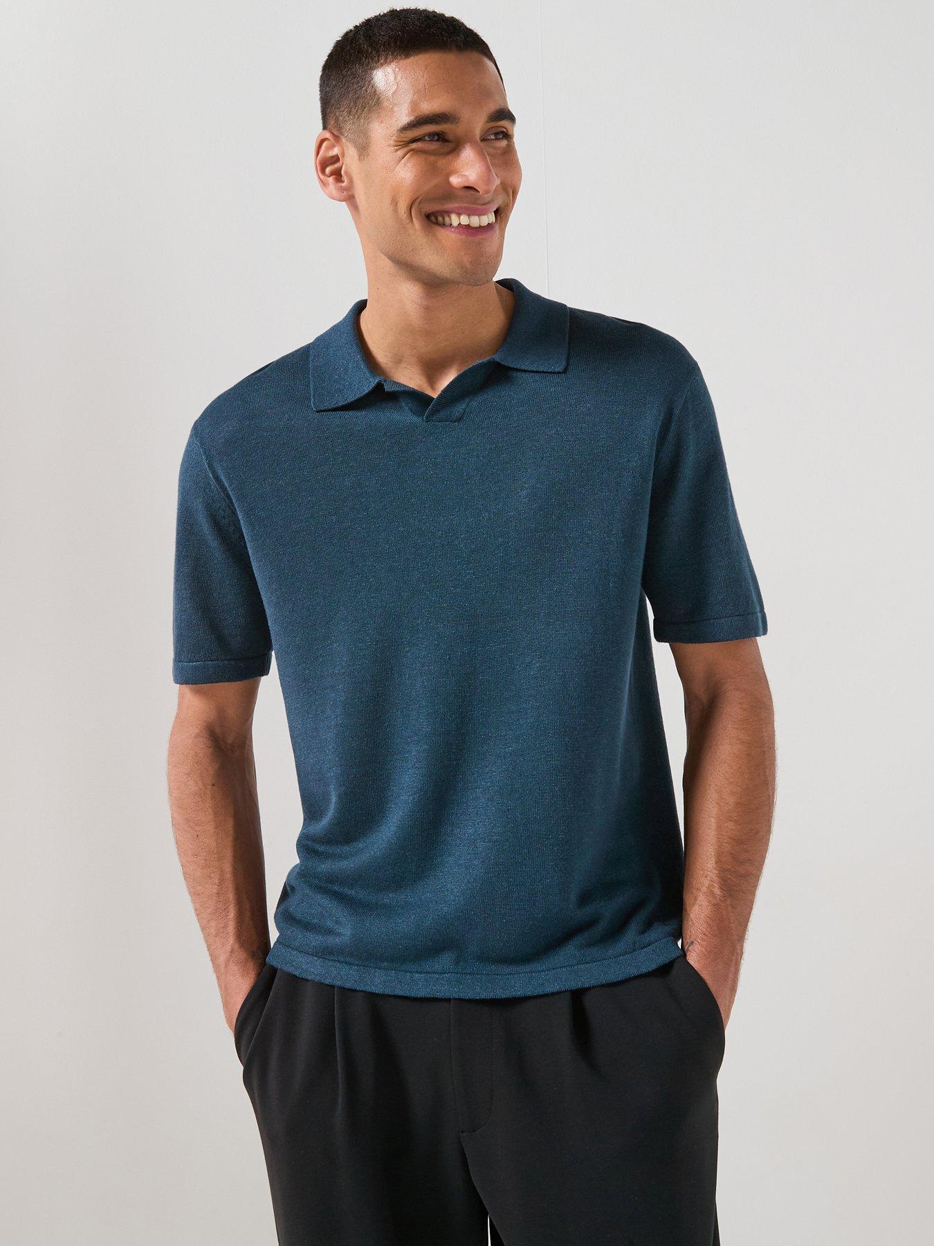 Calvin Klein Open Collar Linen Blend Knitted Polo Shirt - Navy