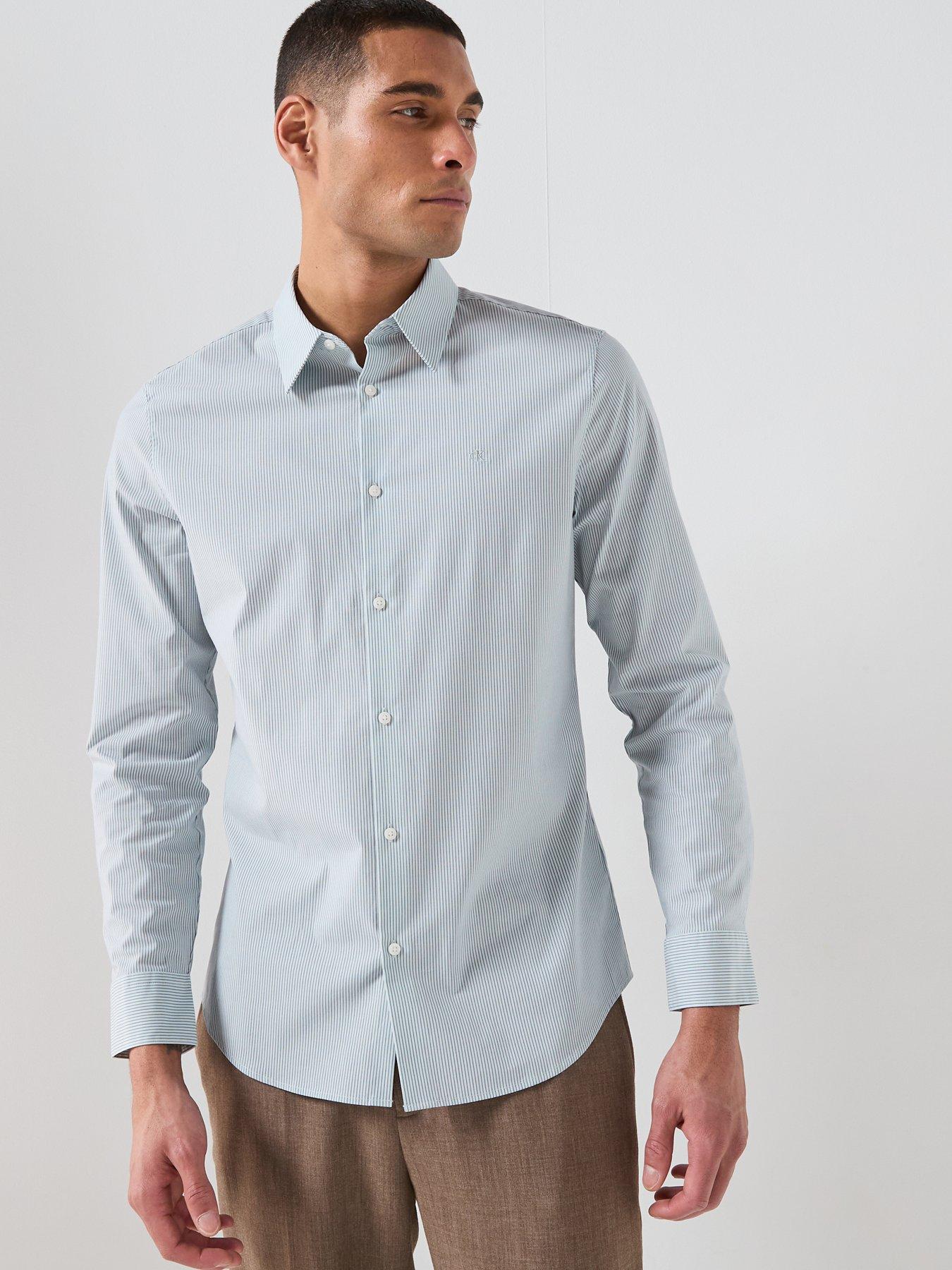 Image 4 of 6 of Calvin Klein Thin Stripe Stretch Slim Shirt - Light Blue