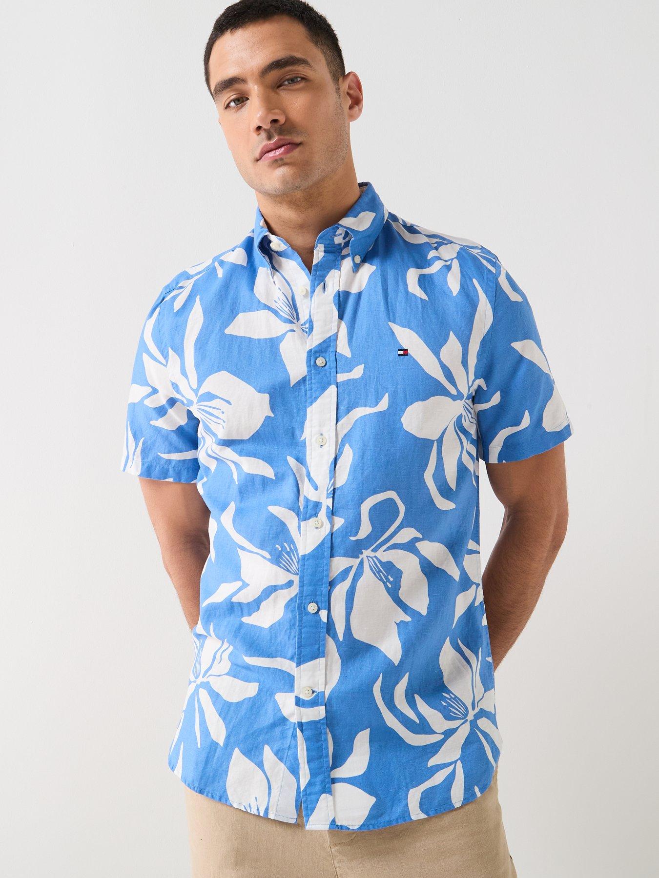Image 1 of 5 of Tommy Hilfiger Flower Print Linen Blend Shirt - Blue