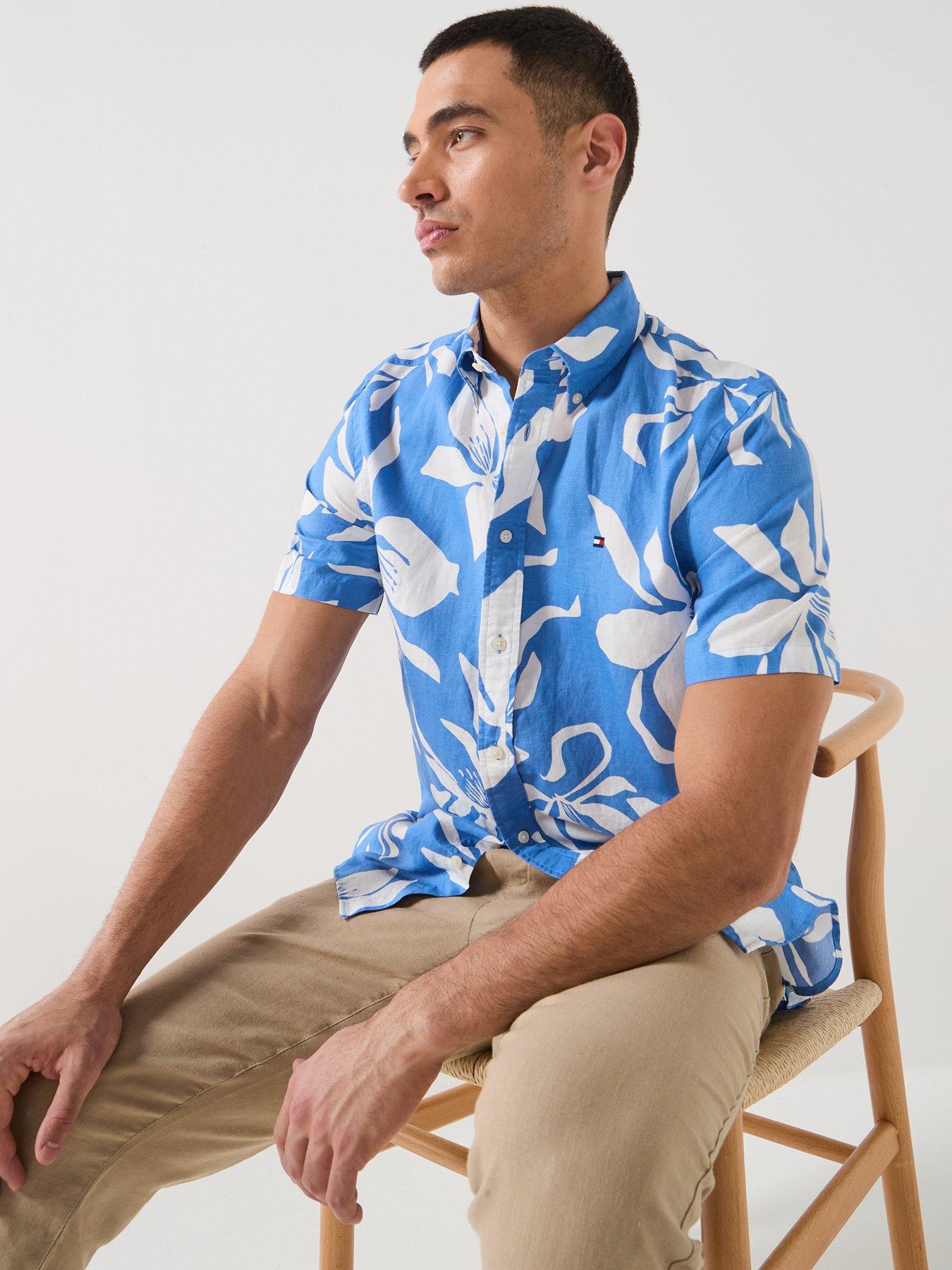 Image 4 of 5 of Tommy Hilfiger Flower Print Linen Blend Shirt - Blue