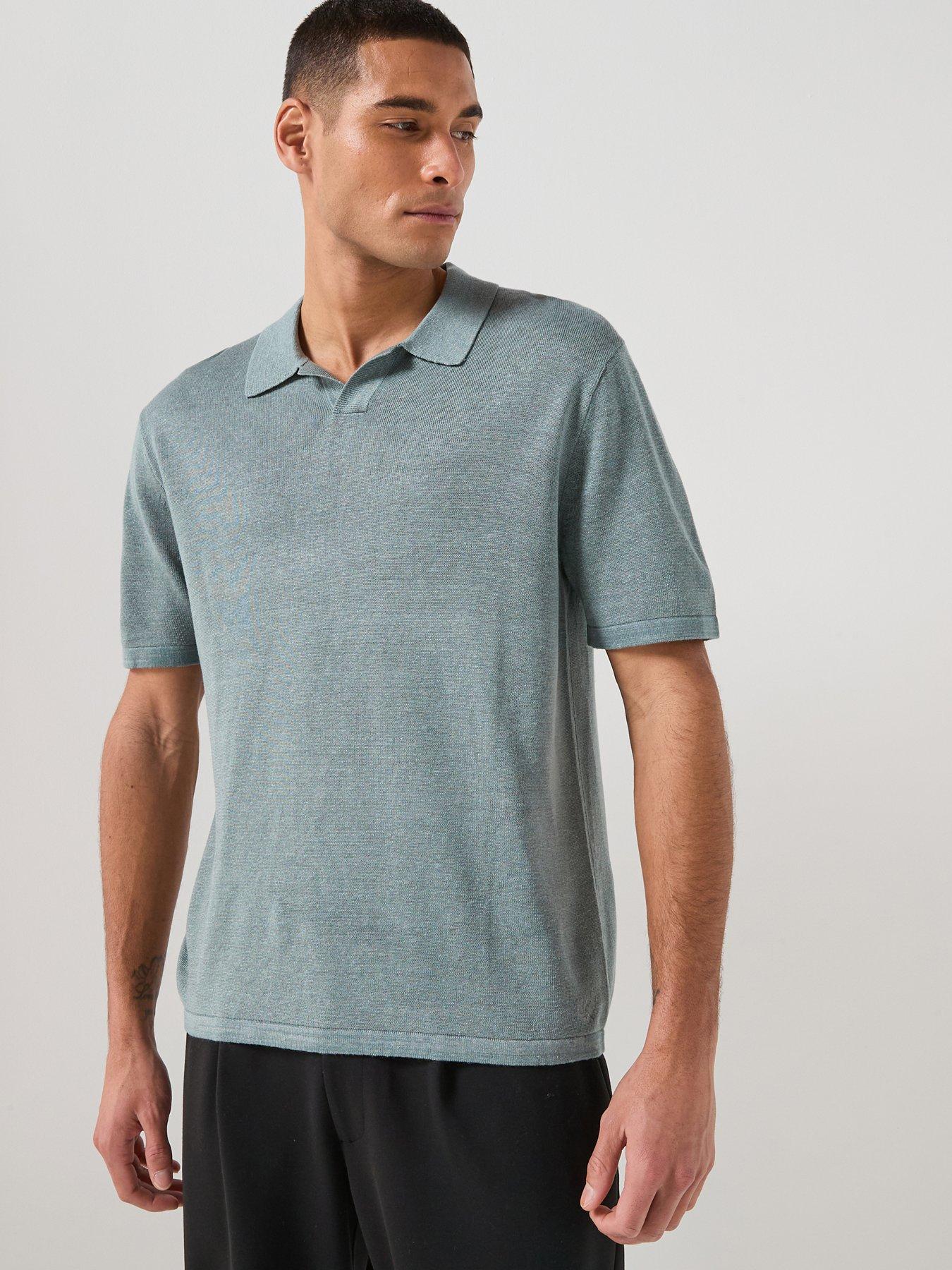 Calvin Klein Open Collar Linen Blend Knitted Polo Shirt - Green