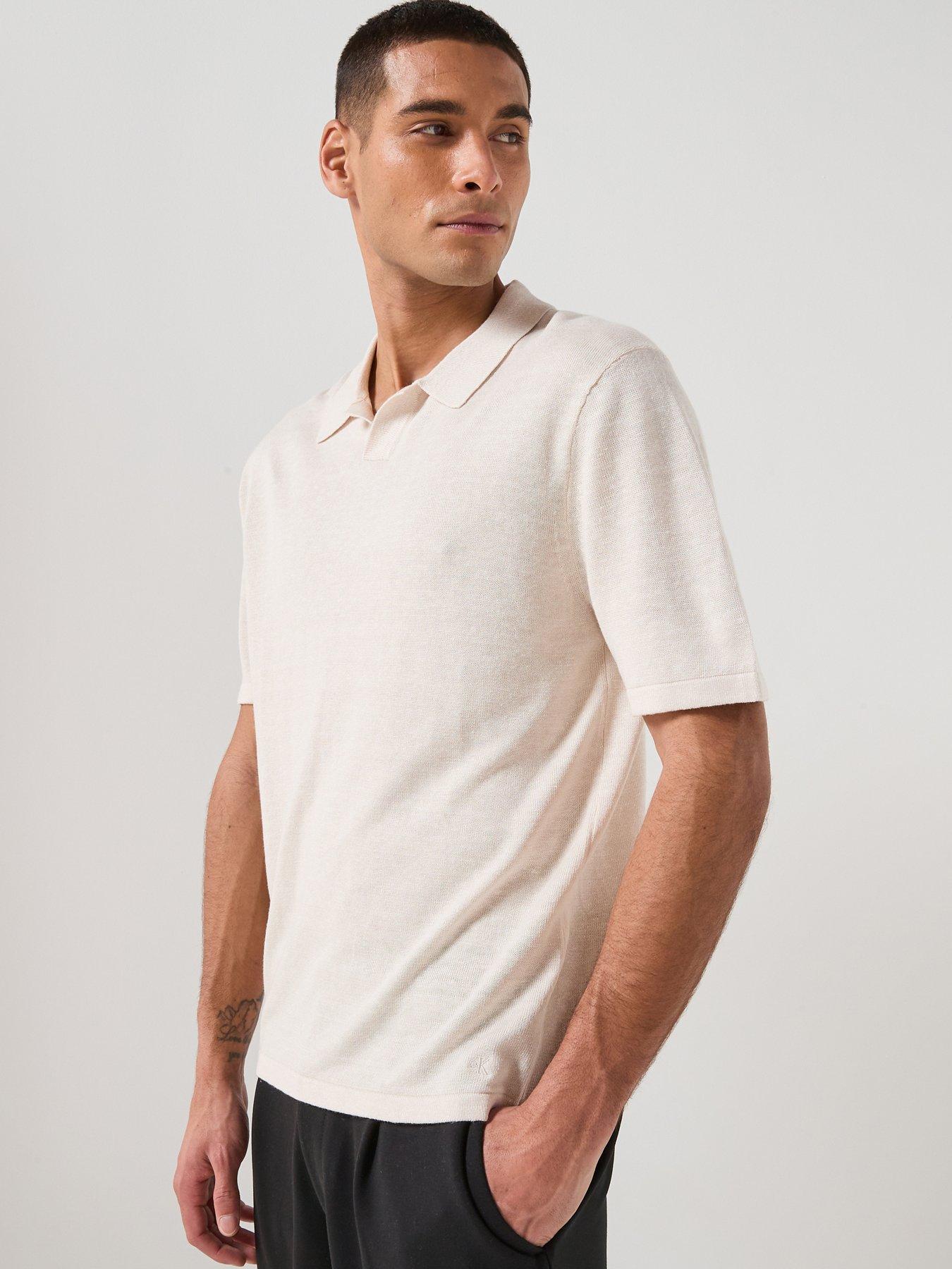 Calvin Klein Calvin Klein Open Collar Linen Blend Knitted Polo Shirt - Light Beige
