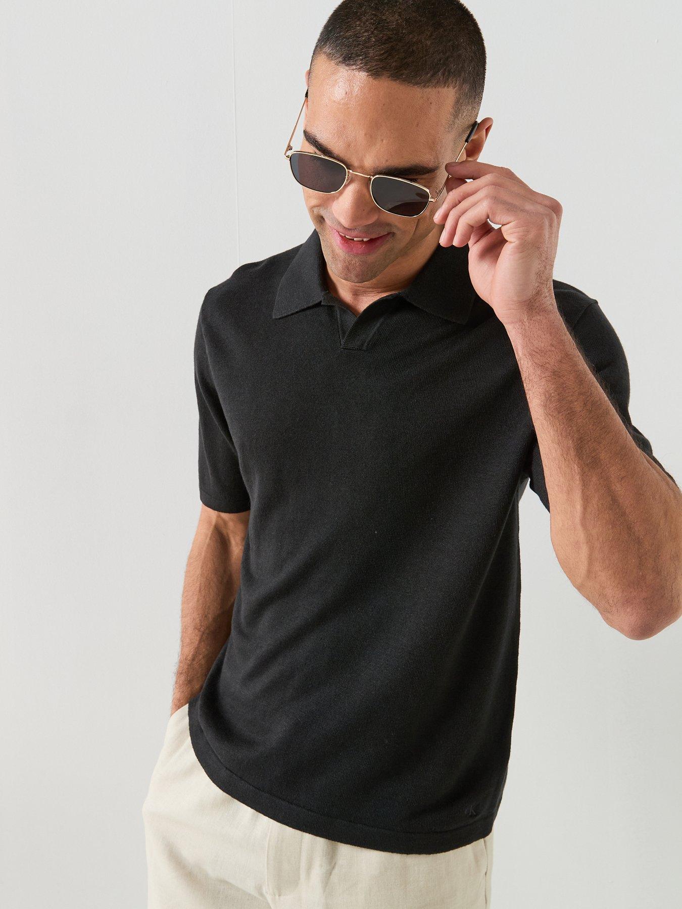Calvin Klein Open Collar Linen Blend Knitted Polo Shirt - Black