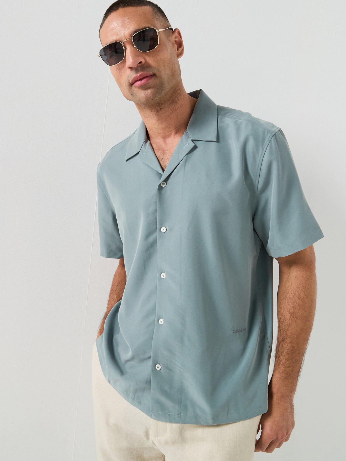 Calvin Klein Drapey Tencel Open Collar Short Sleeve Shirt - Blue
