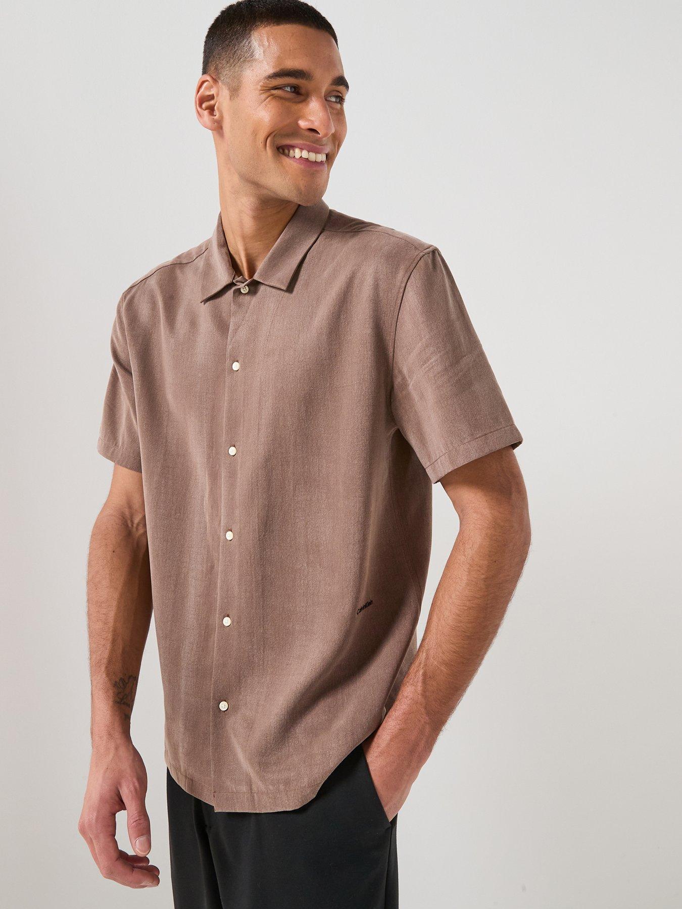 Calvin Klein Drapey Open Collar Short Sleeve Shirt - Brown