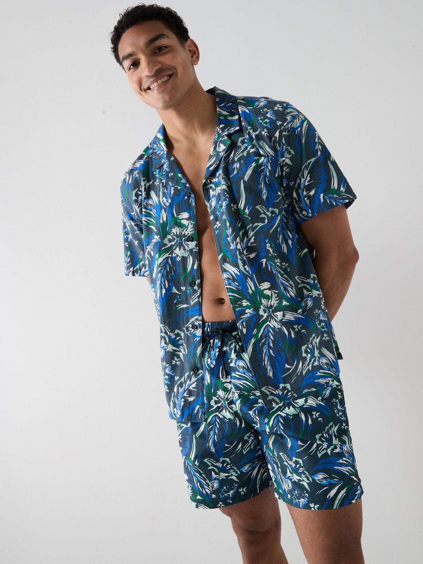 Image 4 of 6 of Tommy Hilfiger Floral Print Long Swim Shorts - Navy