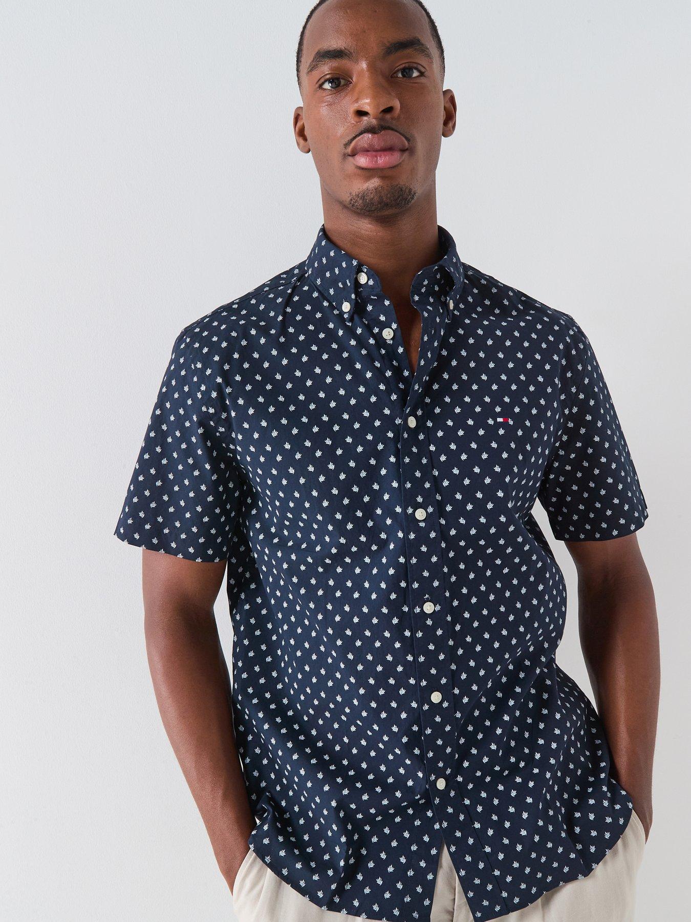 front image of tommy-hilfiger-micro-pattern-button-down-short-sleeve-shirt-navy