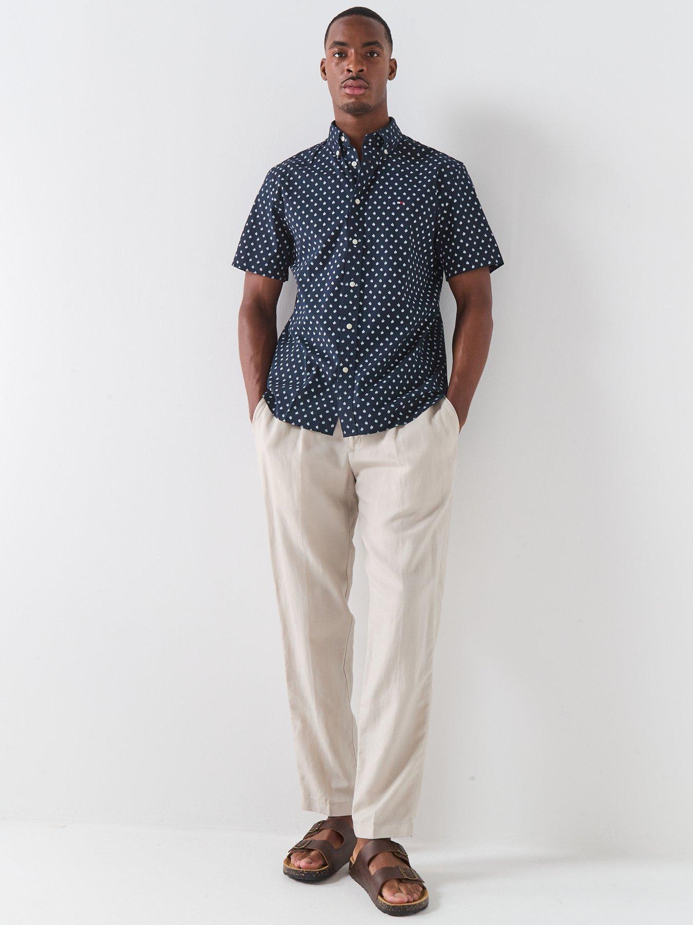  image of tommy-hilfiger-micro-pattern-button-down-short-sleeve-shirt-navy