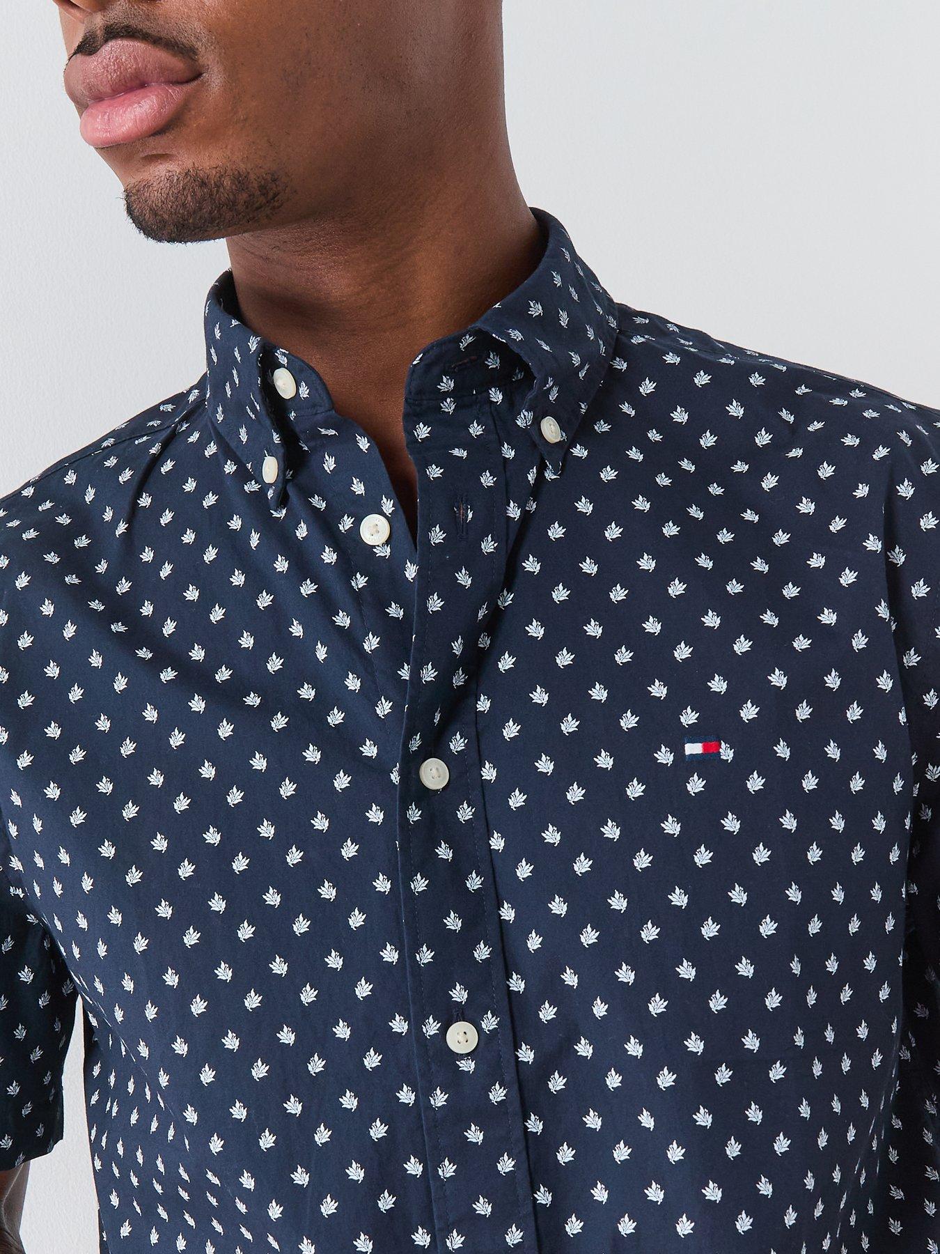  image of tommy-hilfiger-micro-pattern-button-down-short-sleeve-shirt-navy