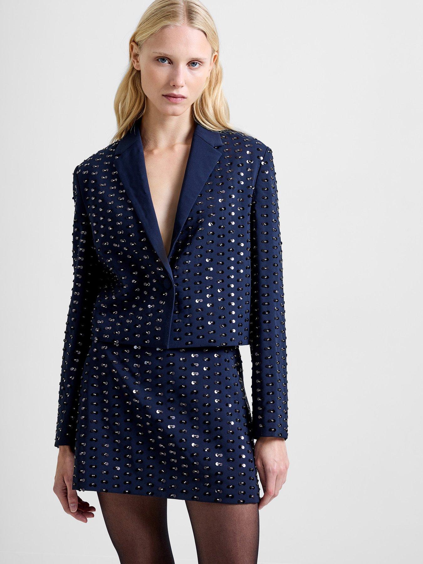 French Connection Embellished Single Breasted Long Sleeve Cropped Blazer - Navy