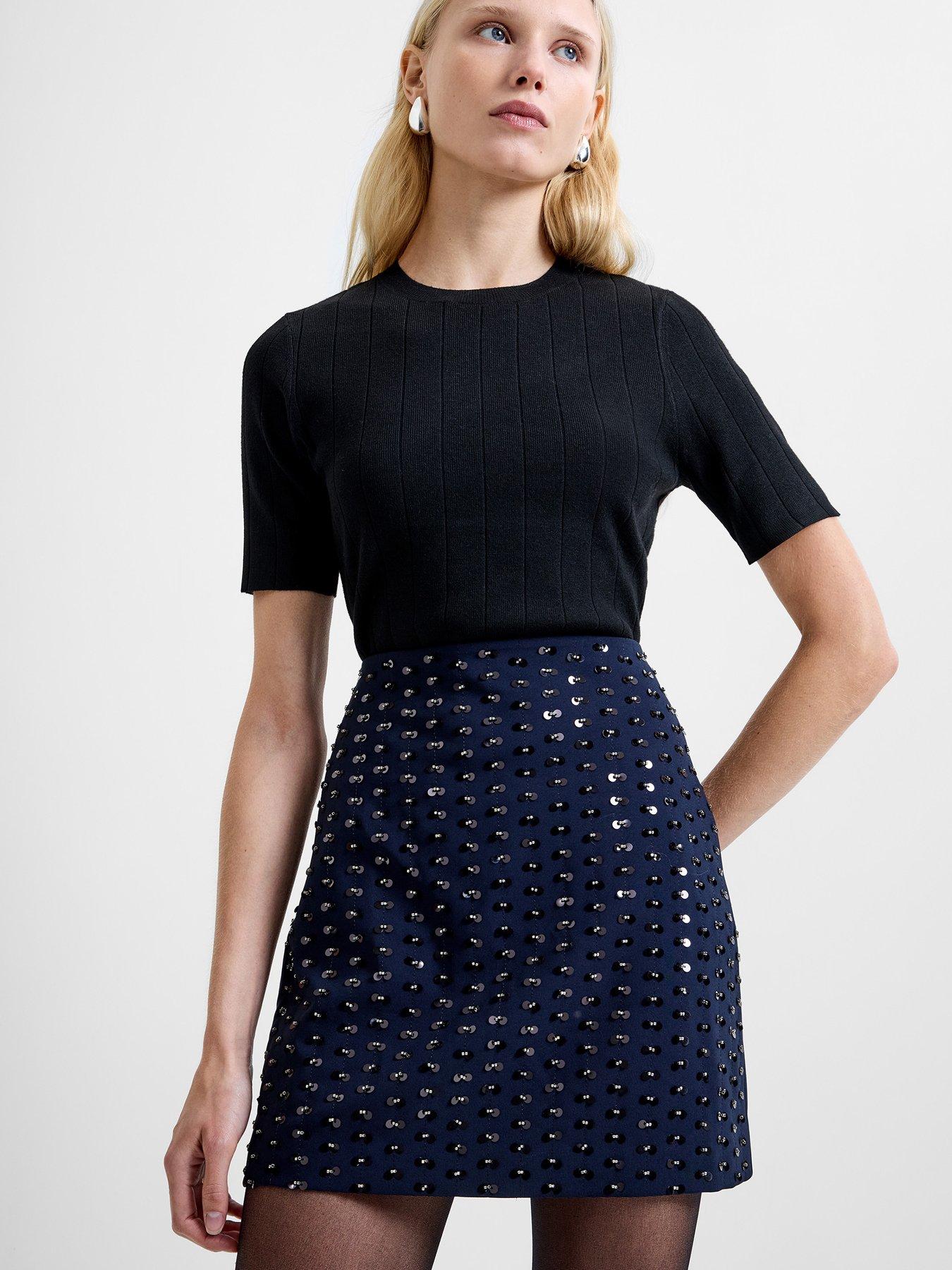 Image 1 of 6 of French Connection Embellished Mini Skirt - Navy