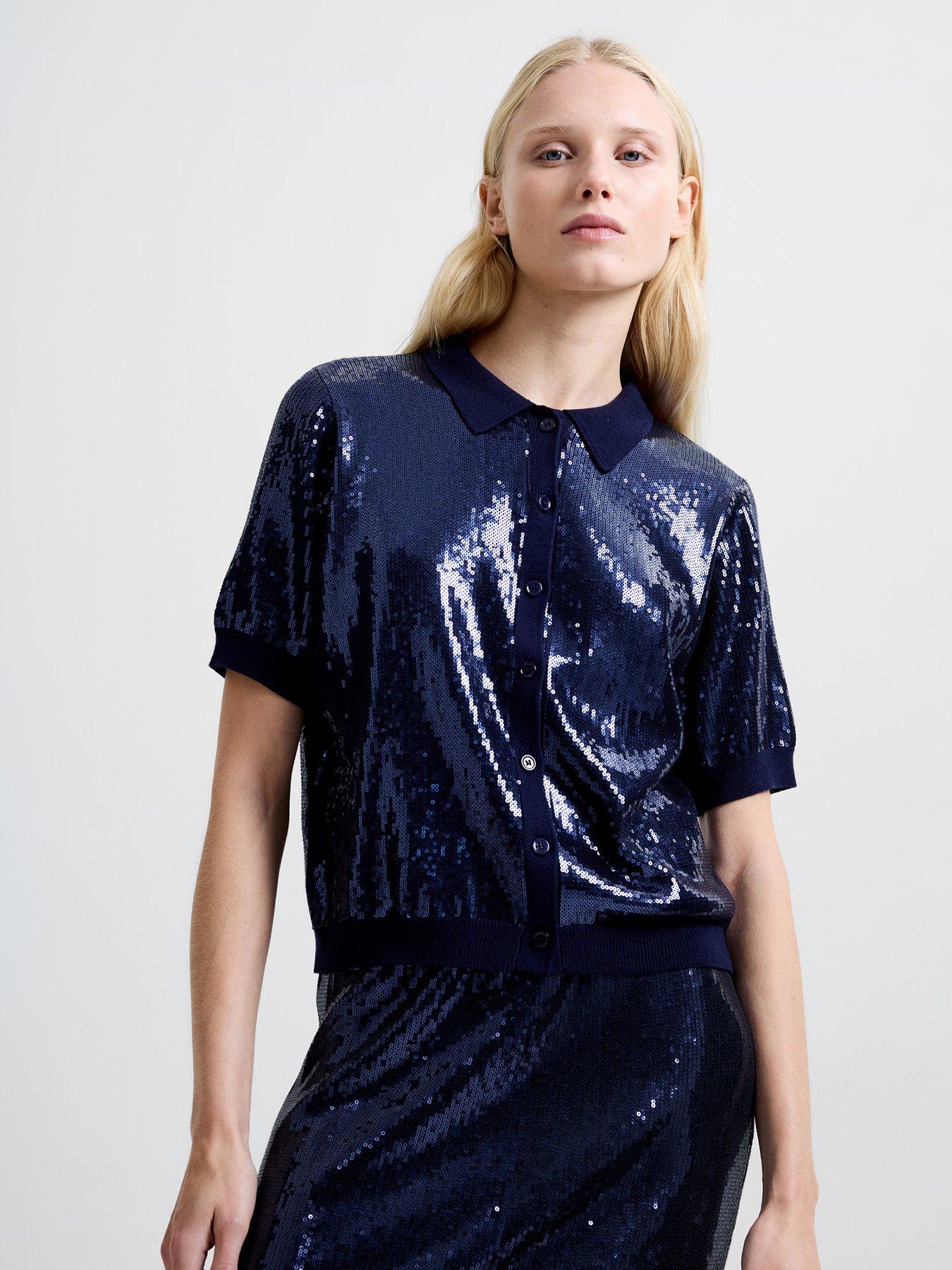 French Connection Sequin Short Sleeve Button-Up Collared Blouse - Navy