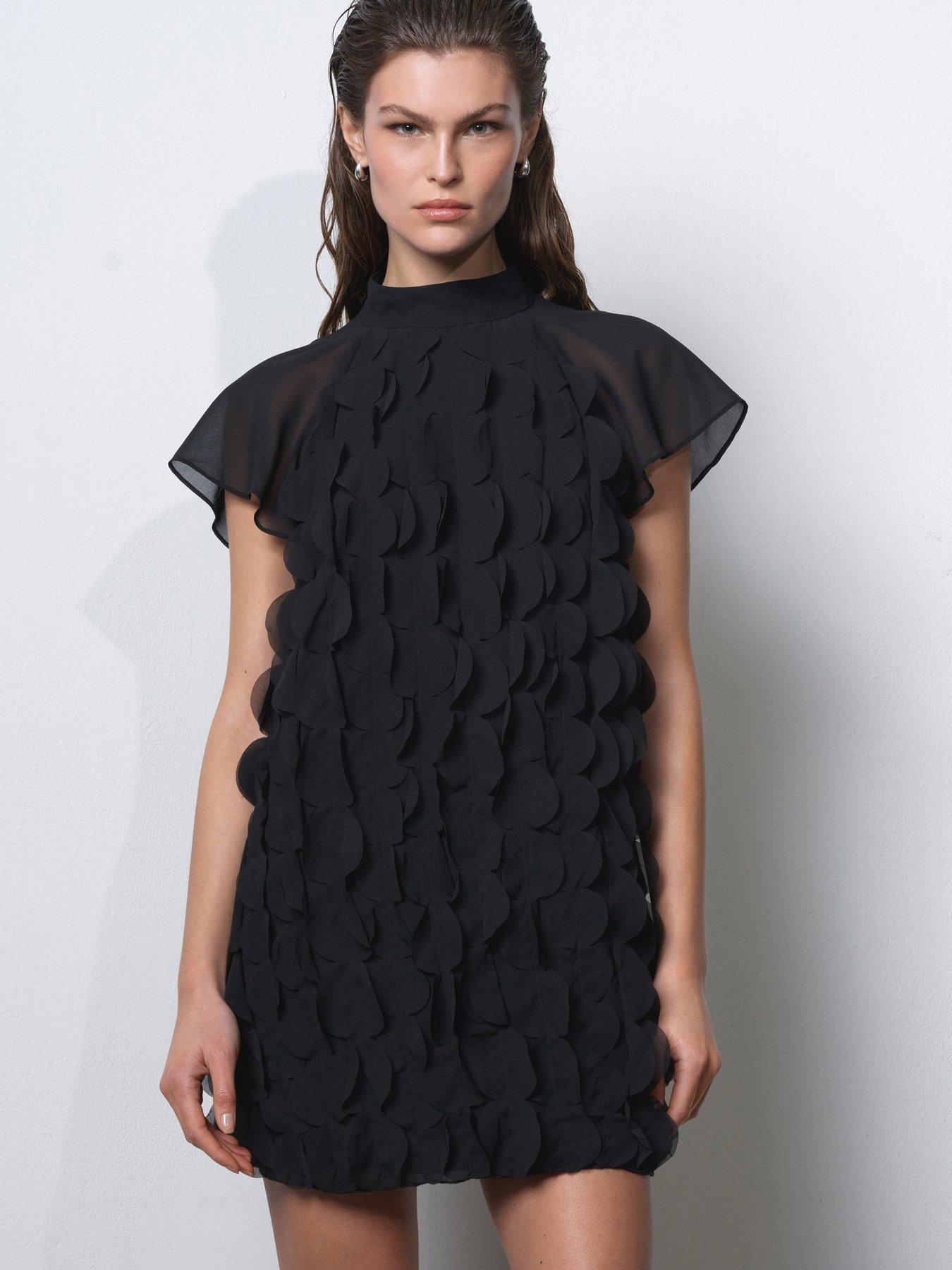 front image of french-connection-mesh-applique-high-neck-capped-sleeve-mini-dress-black