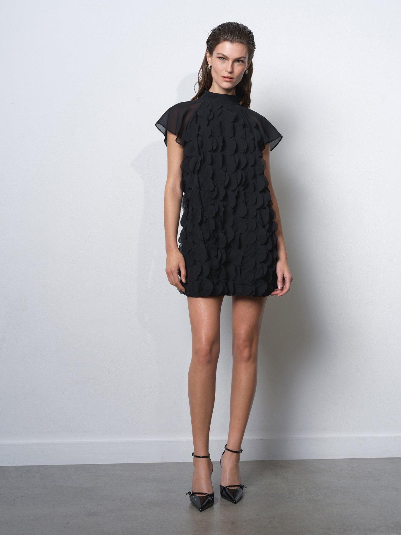  image of french-connection-mesh-applique-high-neck-capped-sleeve-mini-dress-black
