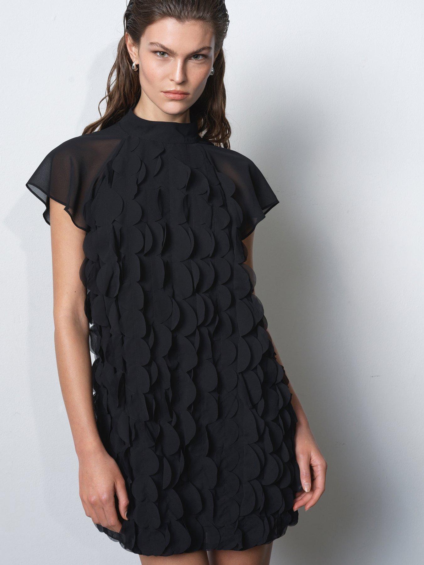 image of french-connection-mesh-applique-high-neck-capped-sleeve-mini-dress-black
